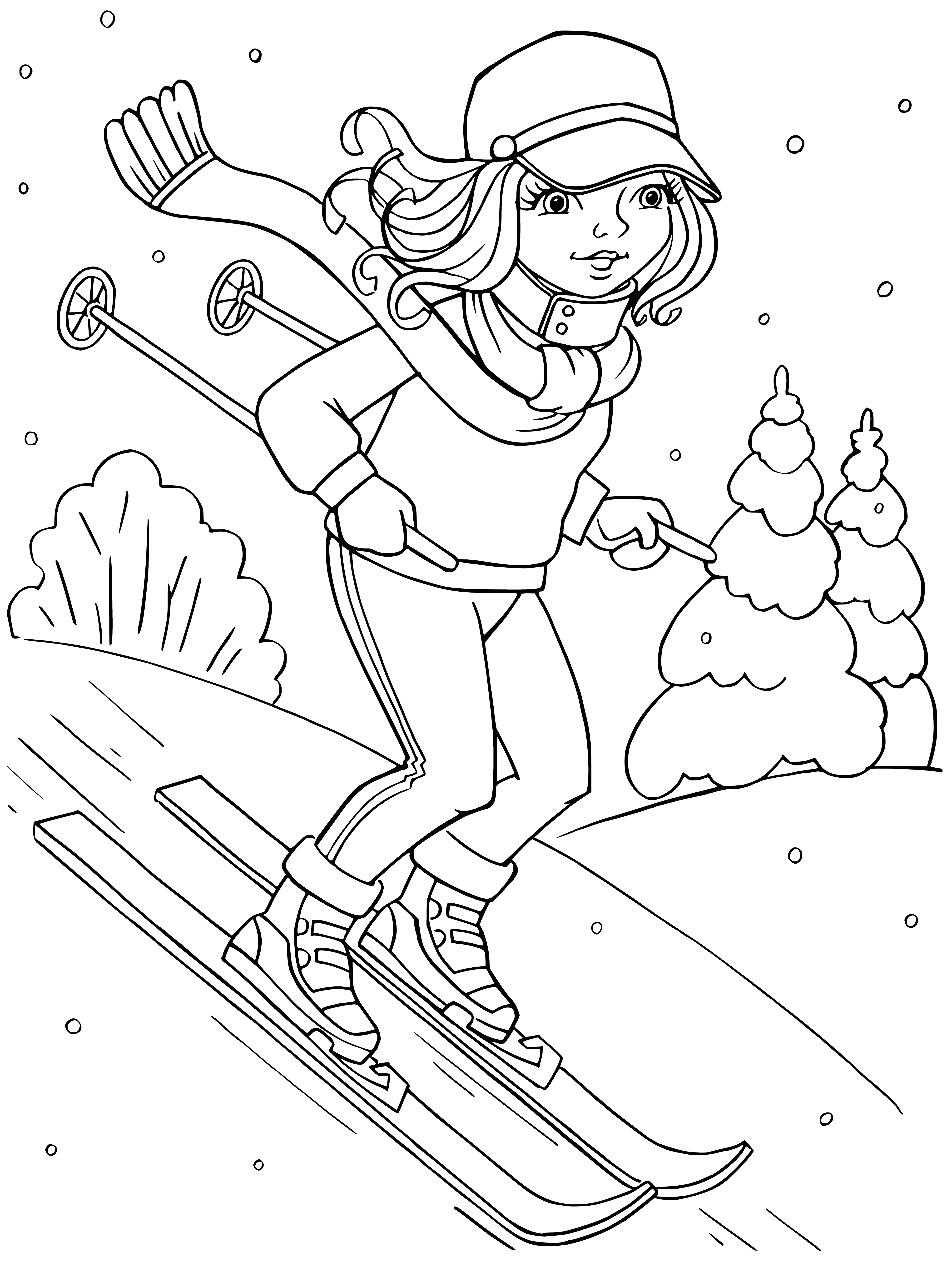 coloring page: -->Two skis, ski poles propped against wall, adult-size, covered in snow- perfect for a winter coloring page!