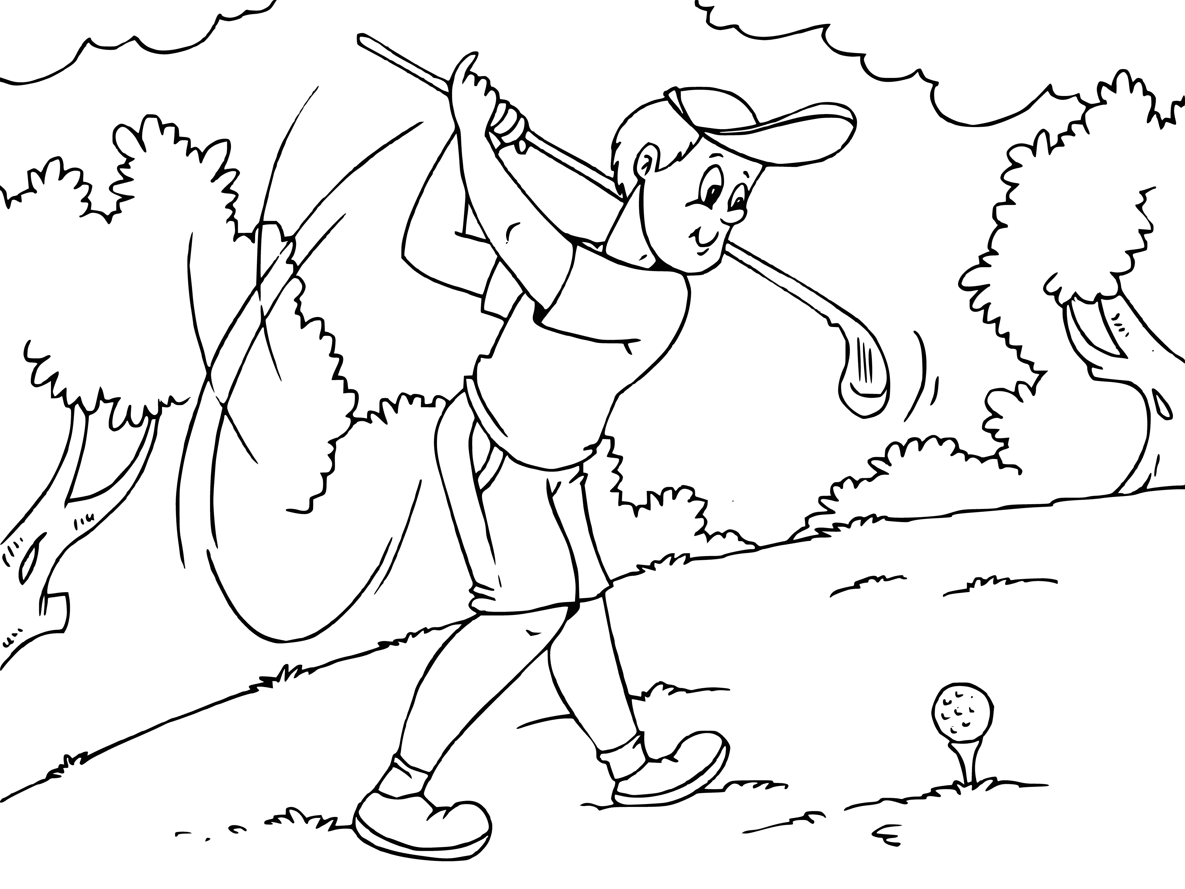 coloring page: Golf cart travels down a fairway filled with trees and a distant flagstick, surrounded by well-manicured grass.