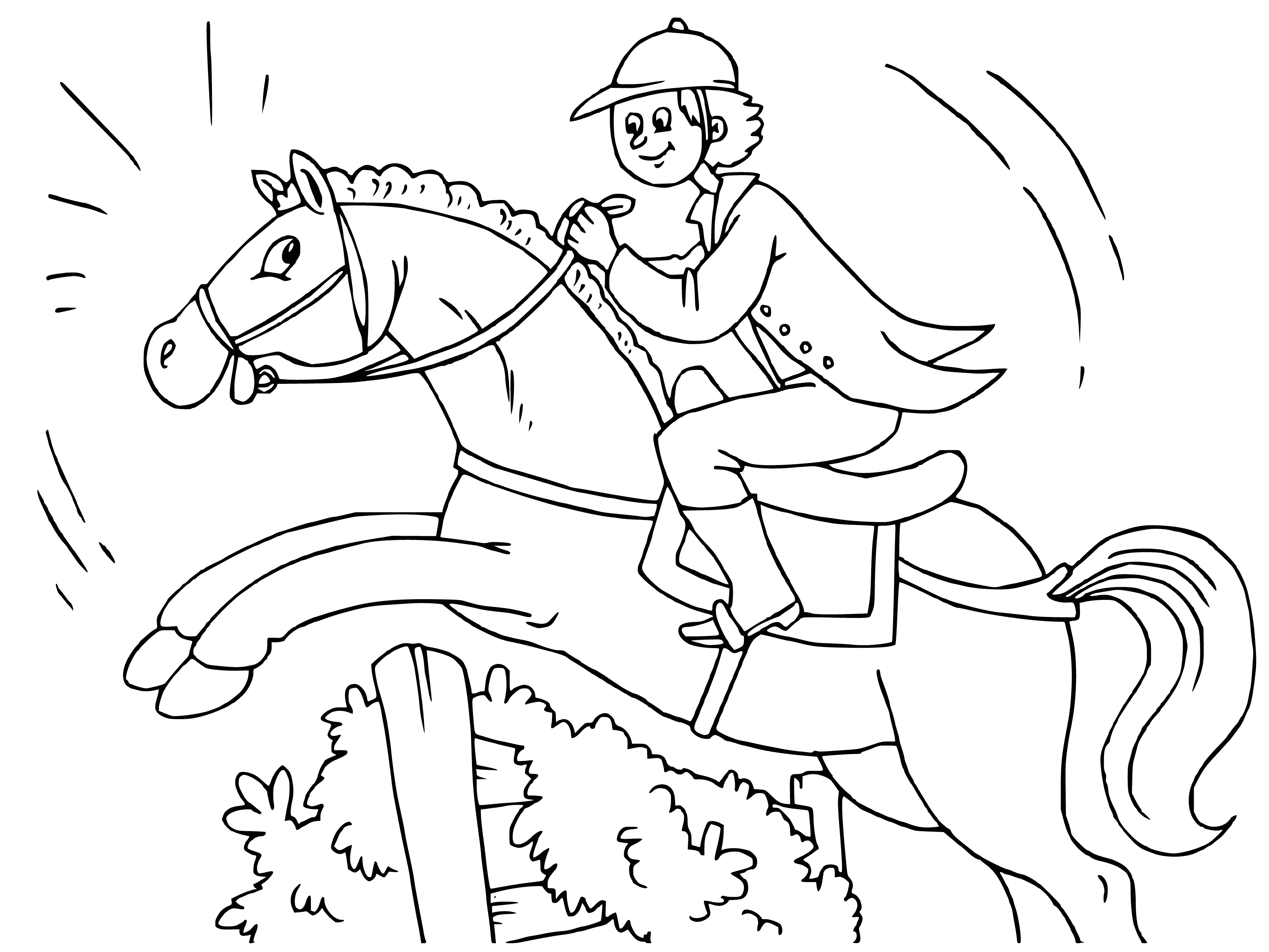coloring page: Woman on horse in field in helmet/brown jacket; horse is brown/white.