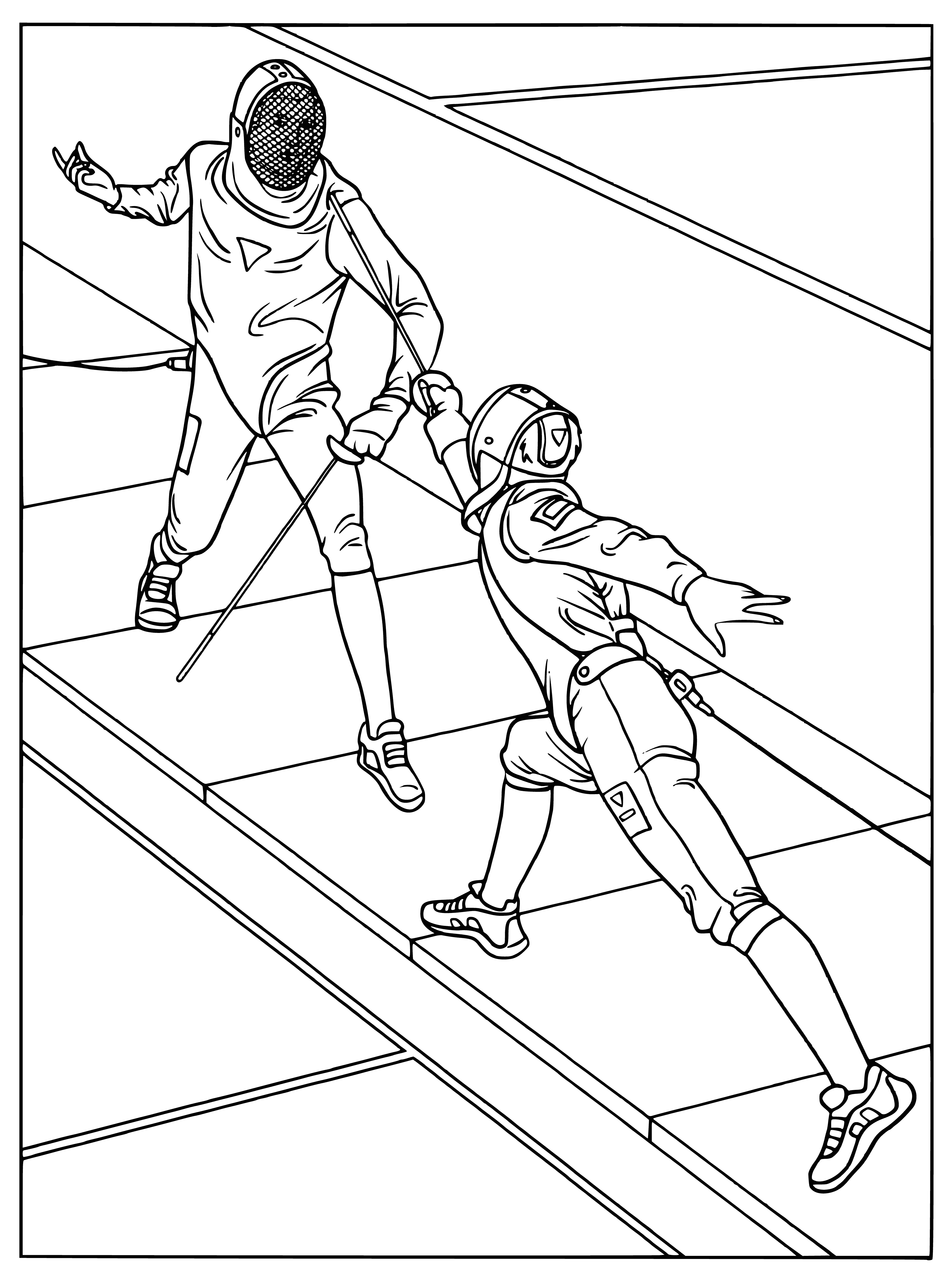 coloring page: 3 people in white uniforms hold swords in epic battle. One sits, 2 stand; one points sword right, other points sword left.