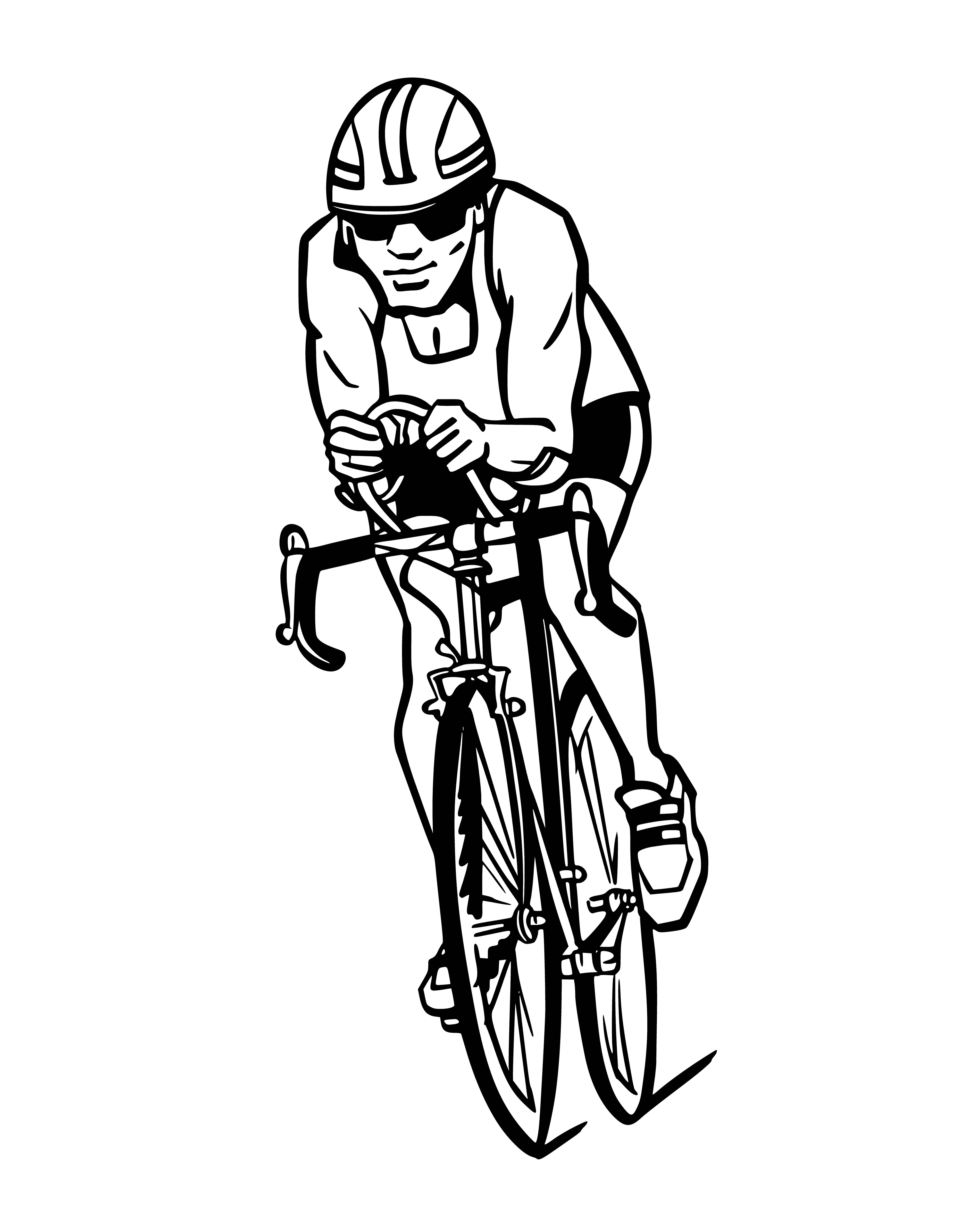 coloring page: Cyclist wearing helmet, gloves, and reflective vest rides bicycle with two thin tires on road.