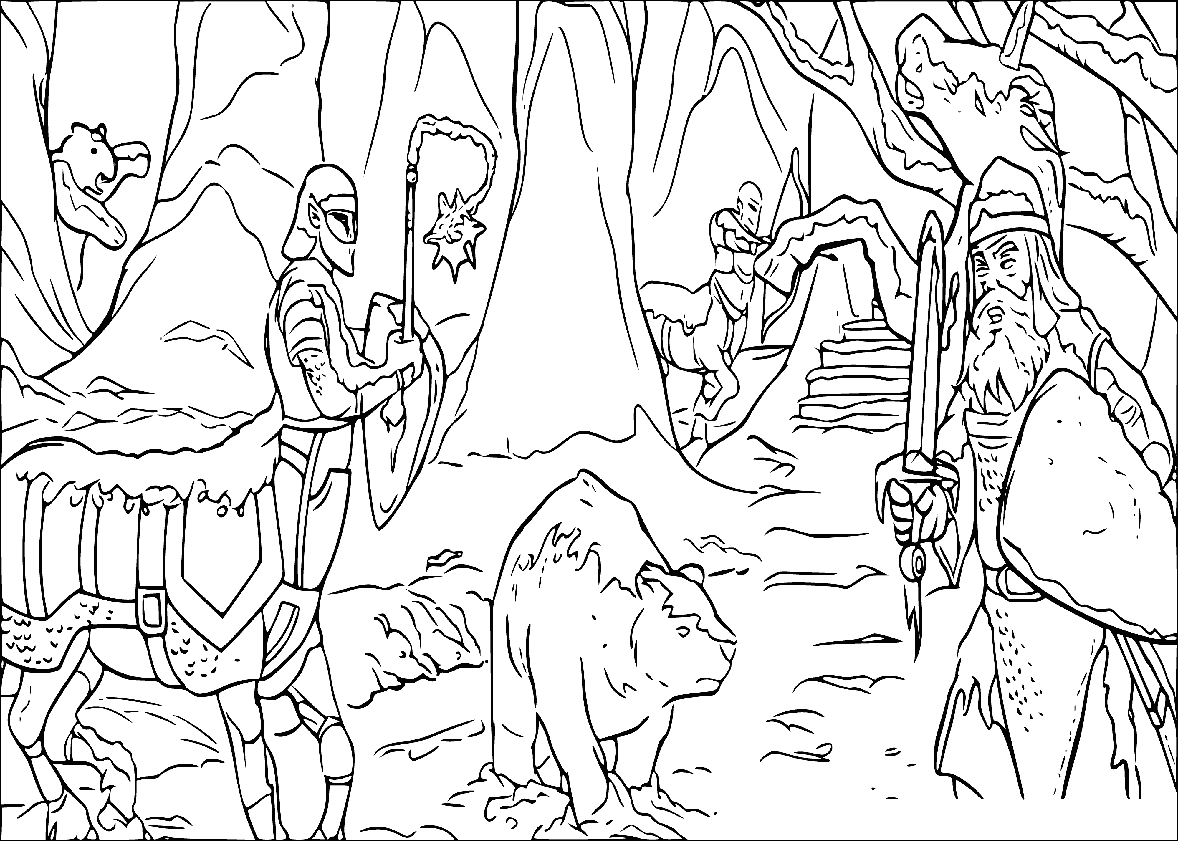 coloring page: 3 large ice sculptures - lion, witch & wardrobe - blue-white color with textured ice & small pieces scattered.