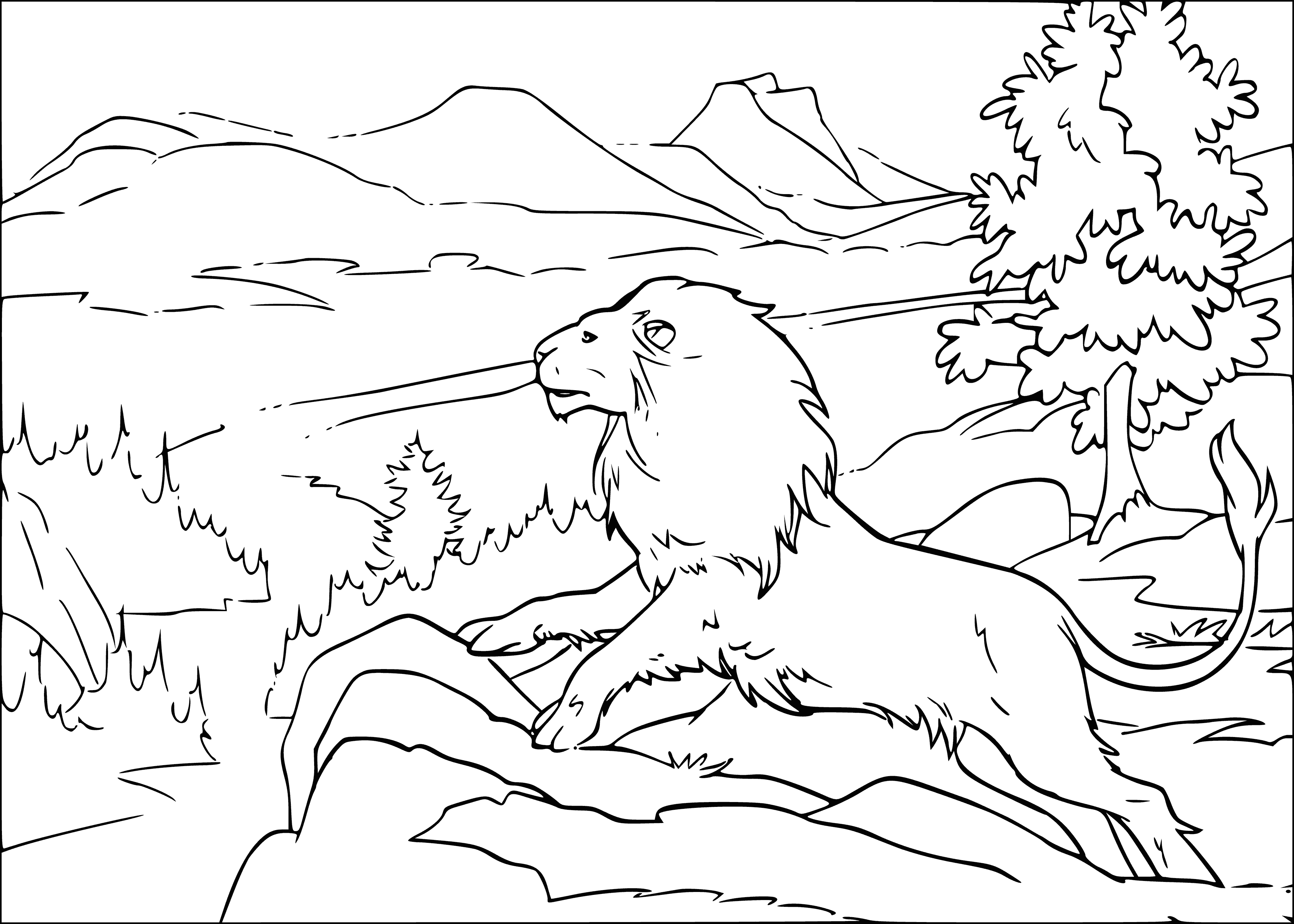 coloring page: Large lion with mane blowing in wind in front of tall trees and distant castle with flags flying. A tranquil and majestic scene.