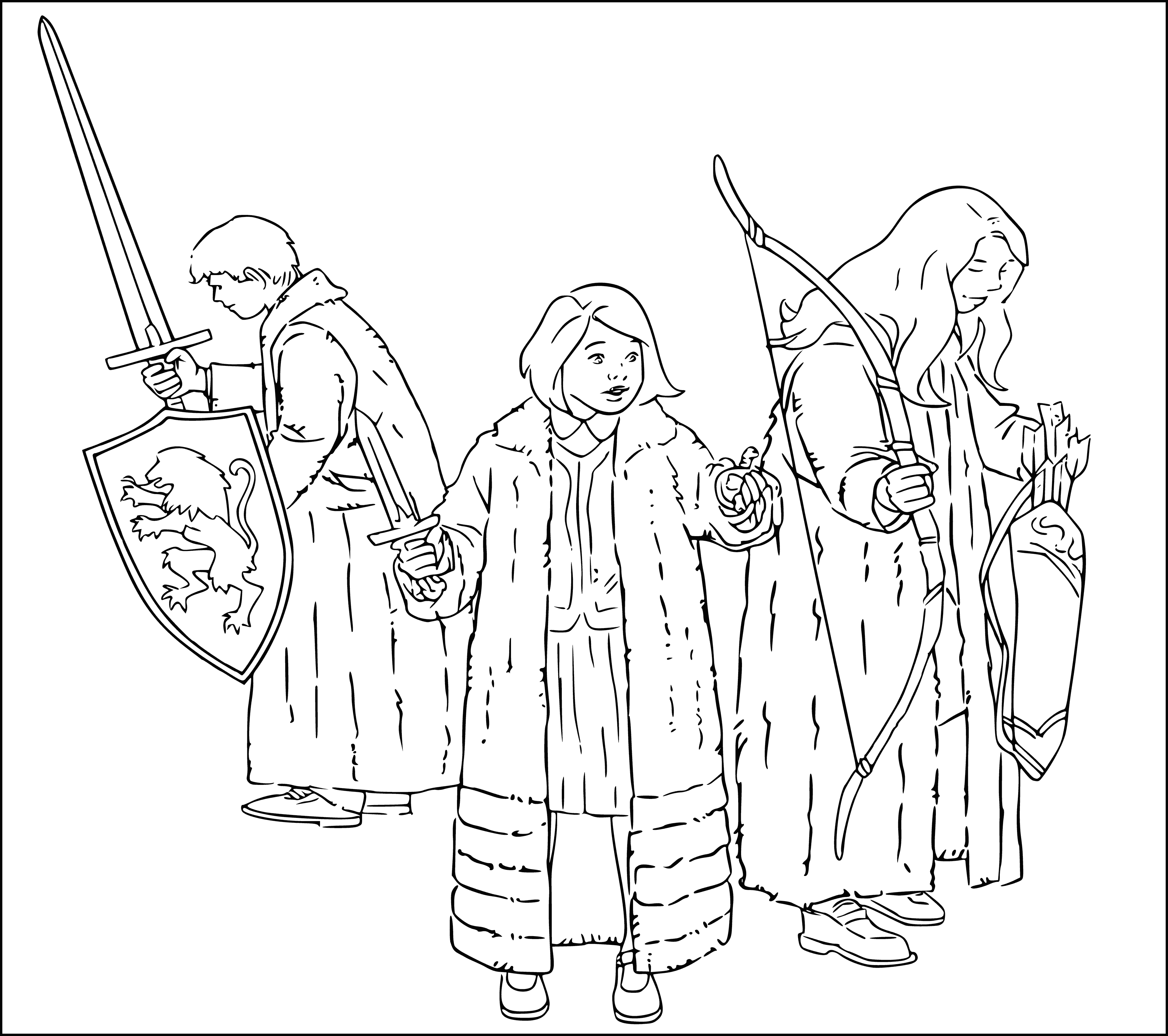 coloring page: A regal lion stands with two children before a magically ajar wardrobe. The boy looks in wonder while the girl is scared and holds a basket. A mist swirls all around.