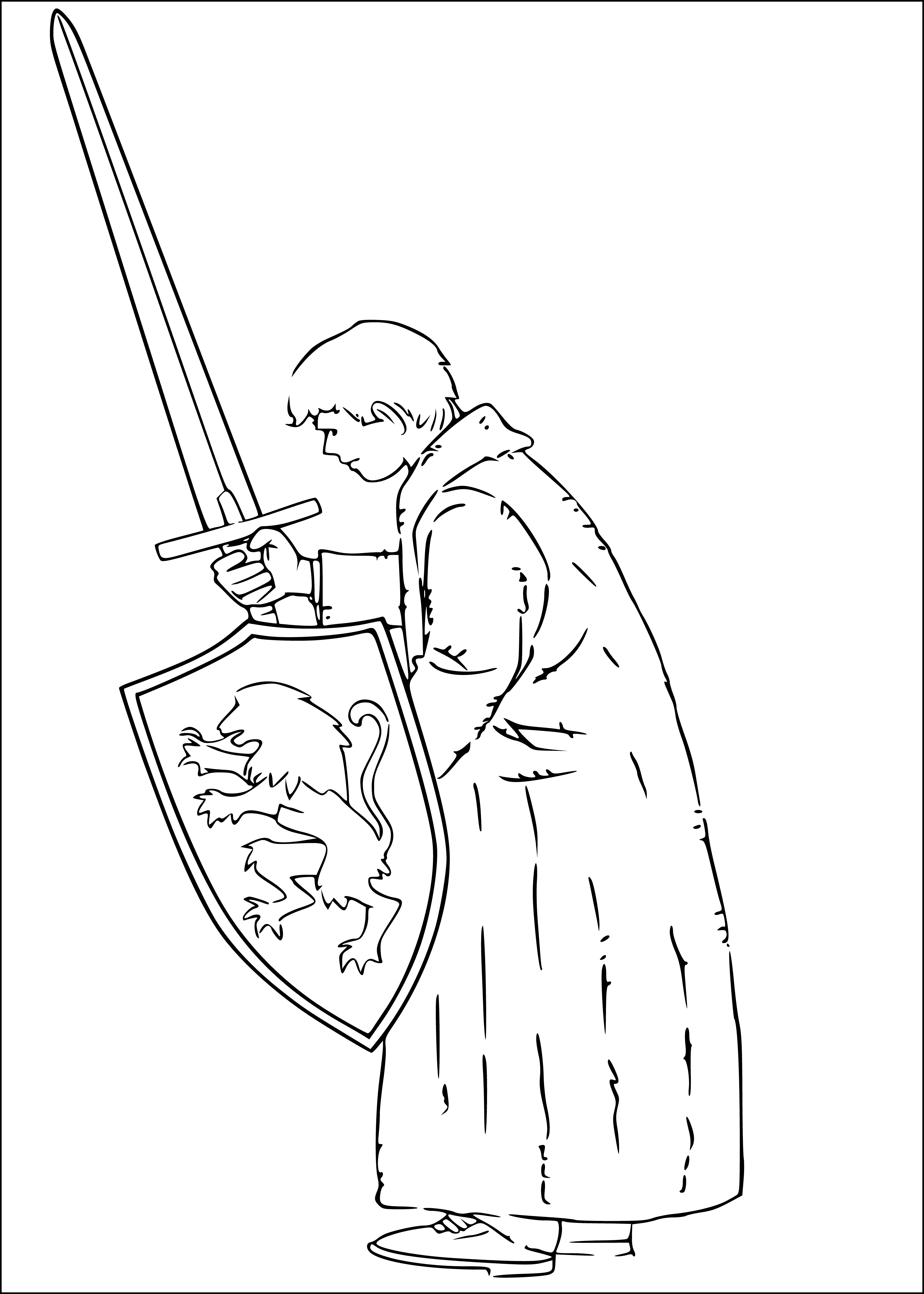 coloring page: Boy Peter holds sword, standing in front of large wardrobe with open door. Inside is a world of snow and ice. #fantasyworld
