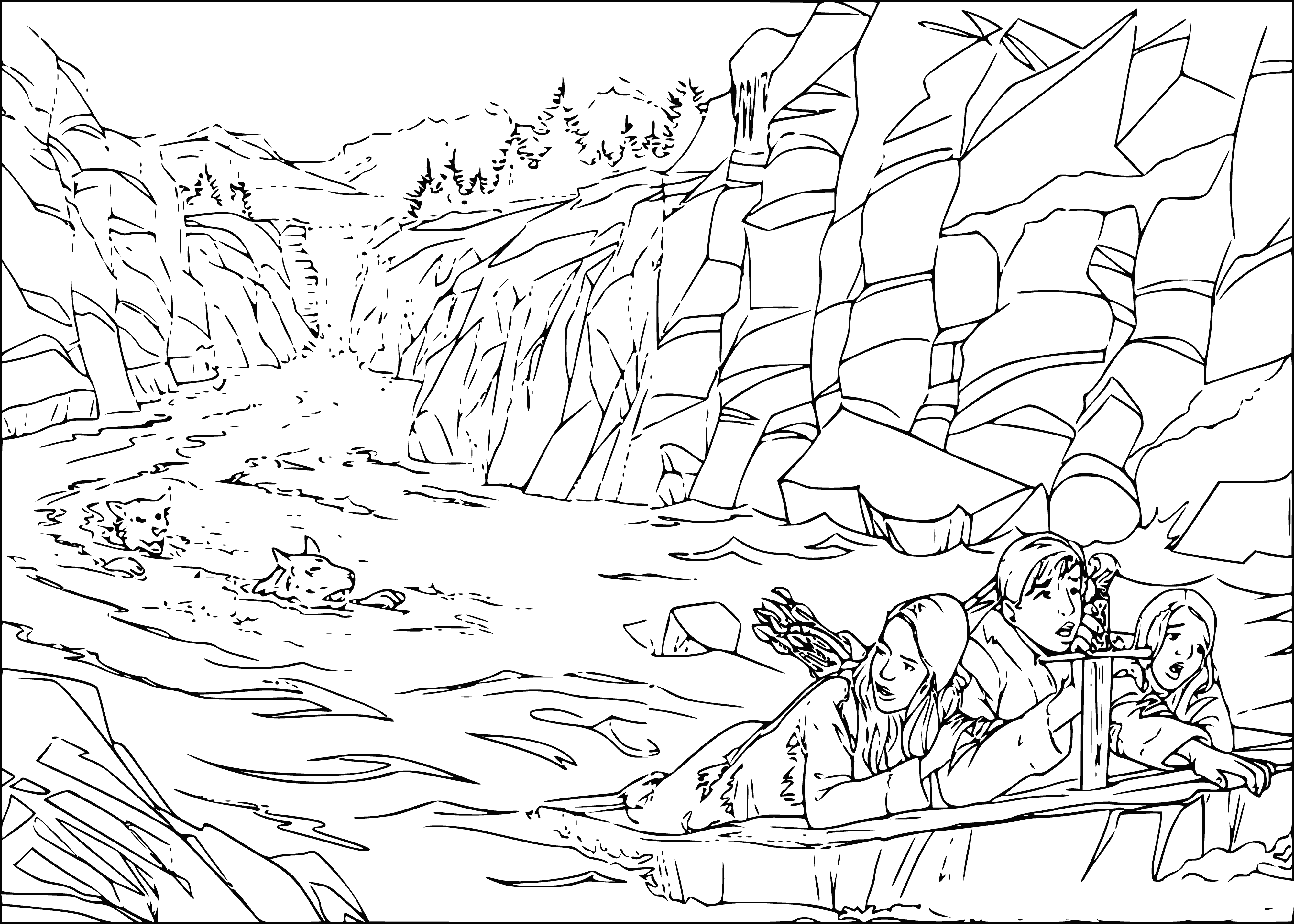 coloring page: Lion in snow, yellow eye, sword in ground, small figure in white robe wearing a crown kneels before lion.
