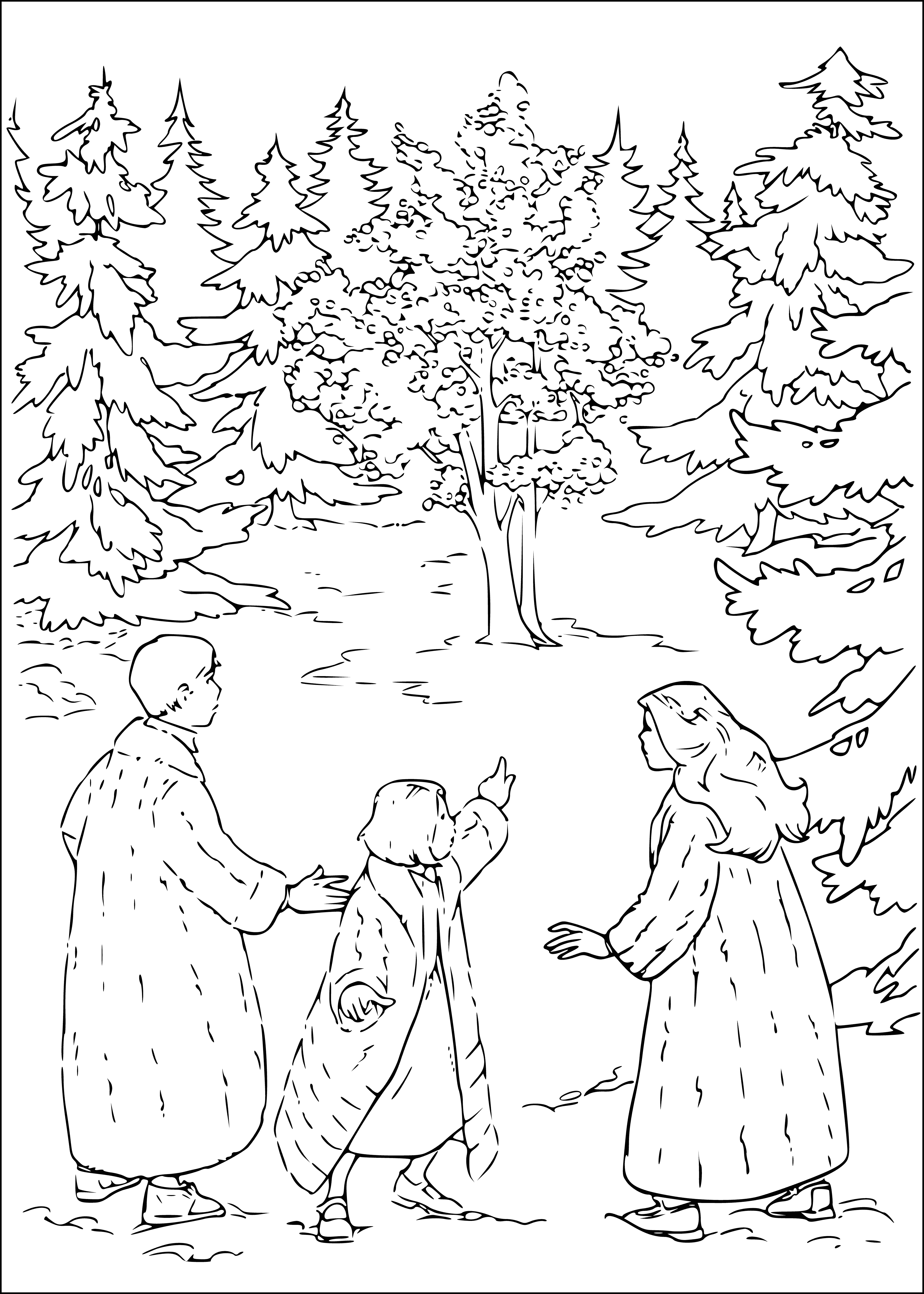 coloring page: The lion, witch and wardrobe are arrayed with the lion looking at witch and witch at wardrobe, holding a magical apple.