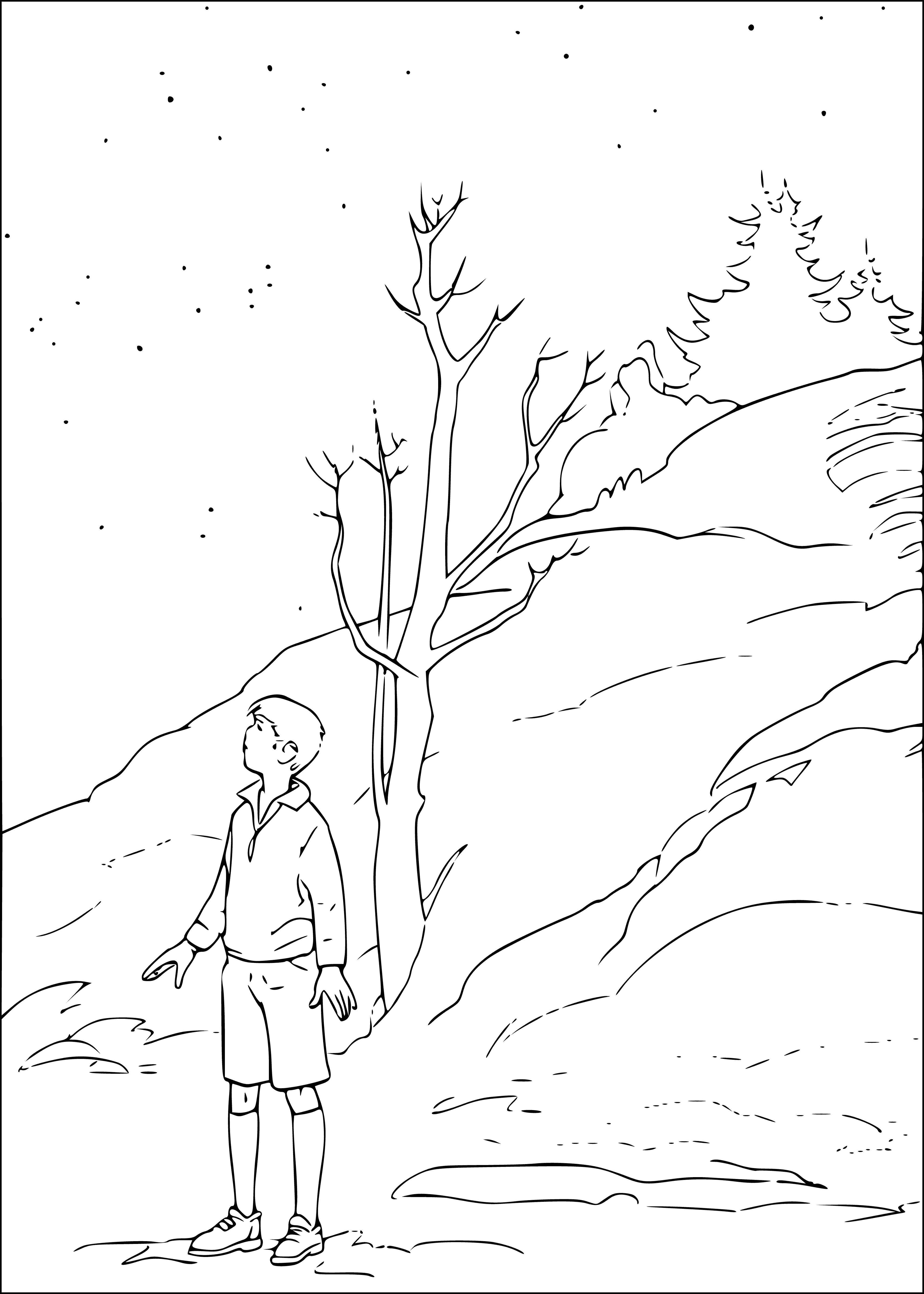 coloring page: Woman in dark dress w/ staff holding off lion & boy in background. Woman looks stern, boy scared. Trees in background