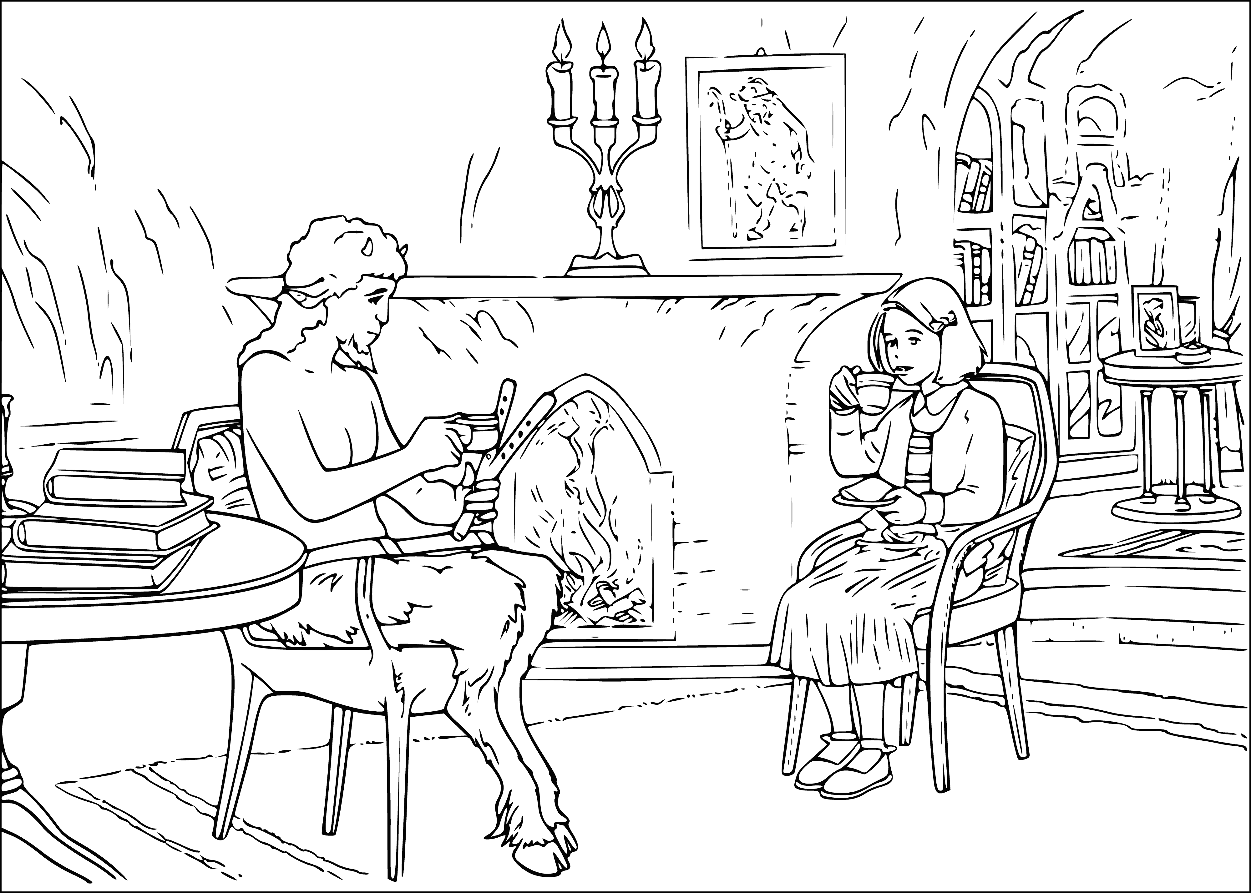 coloring page: Animals look in awe at a lion, witch and wardrobe. Witch holds staff, looking at the animals.