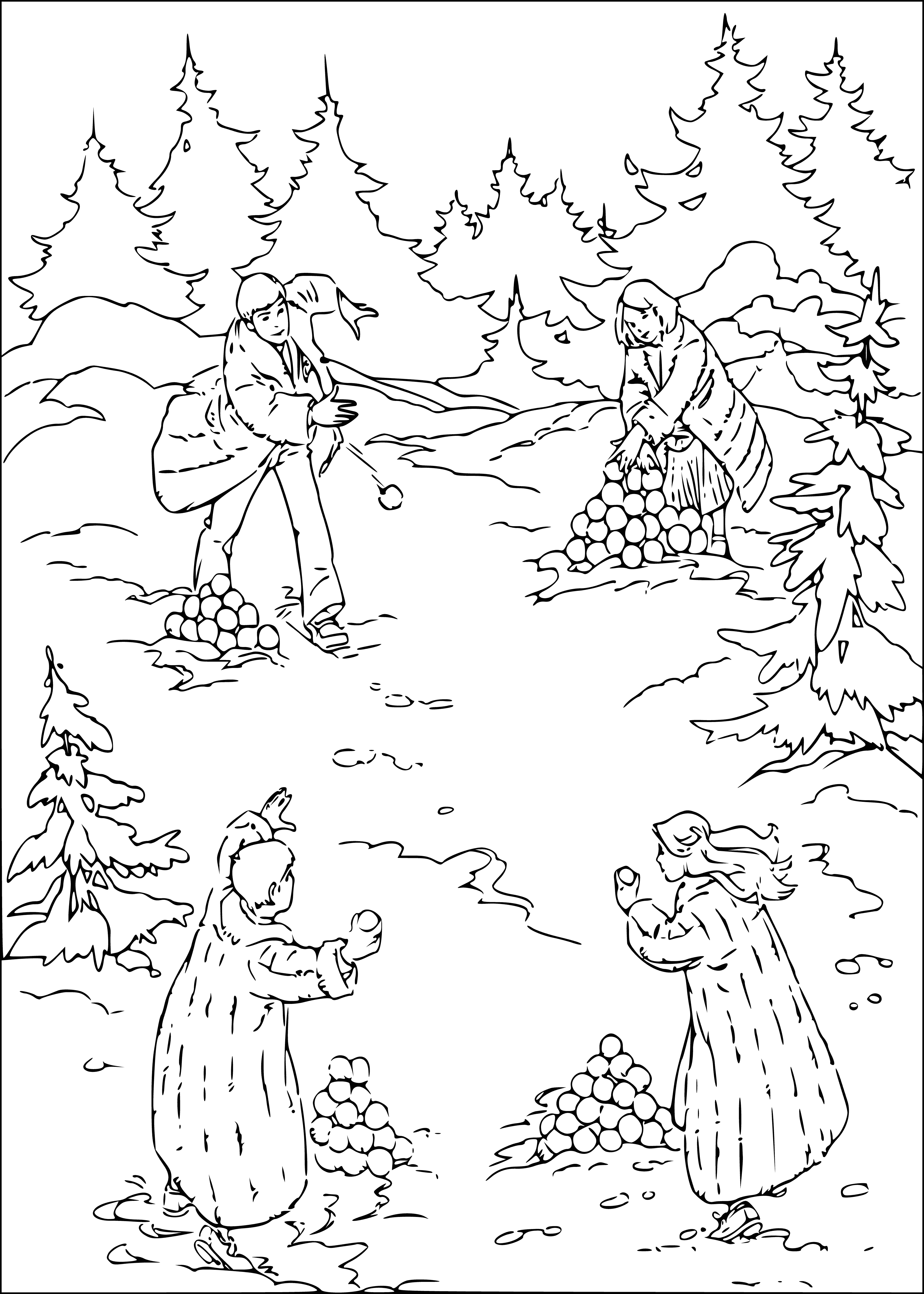 coloring page: A lion, witch, & 3 children gaze left on a coloring page with a blue sky: perfect for creative minds!