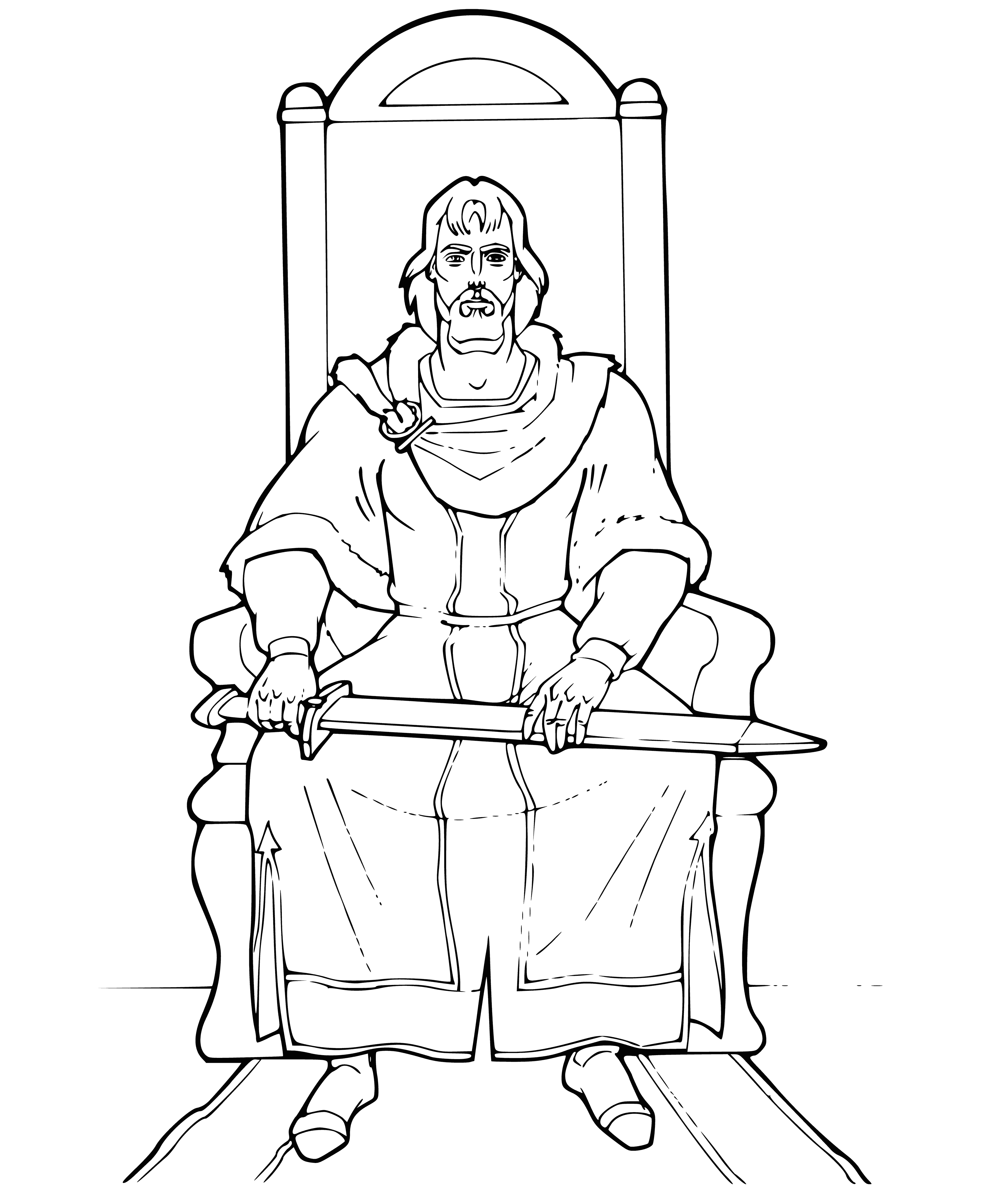 coloring page: Prince Vladimir is on the throne, wearing a crown & wielding a scepter - looking to the right.