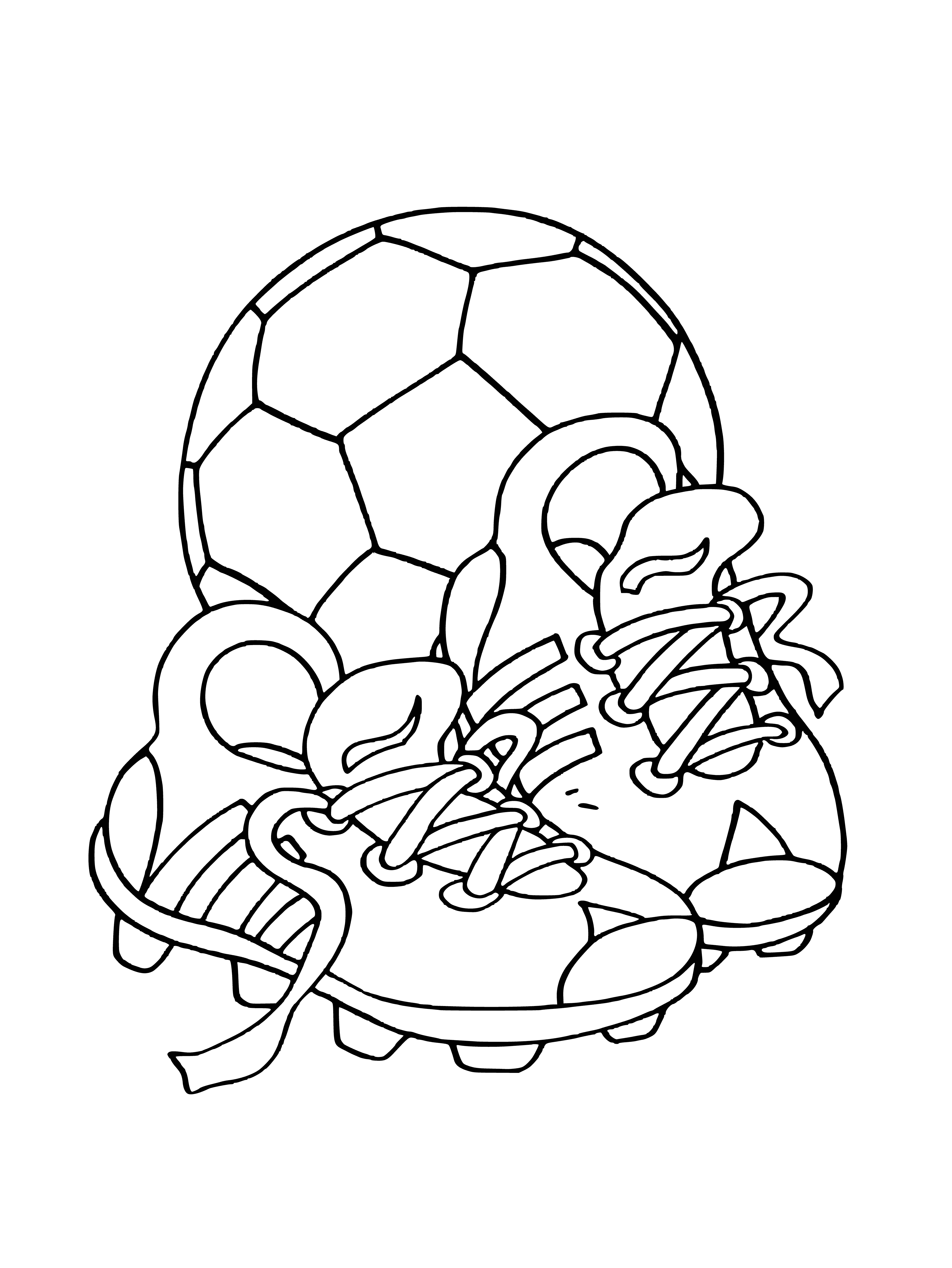 coloring page: Cleats and soccer ball drawn on sport equipment coloring page. Black and white laces and ball.