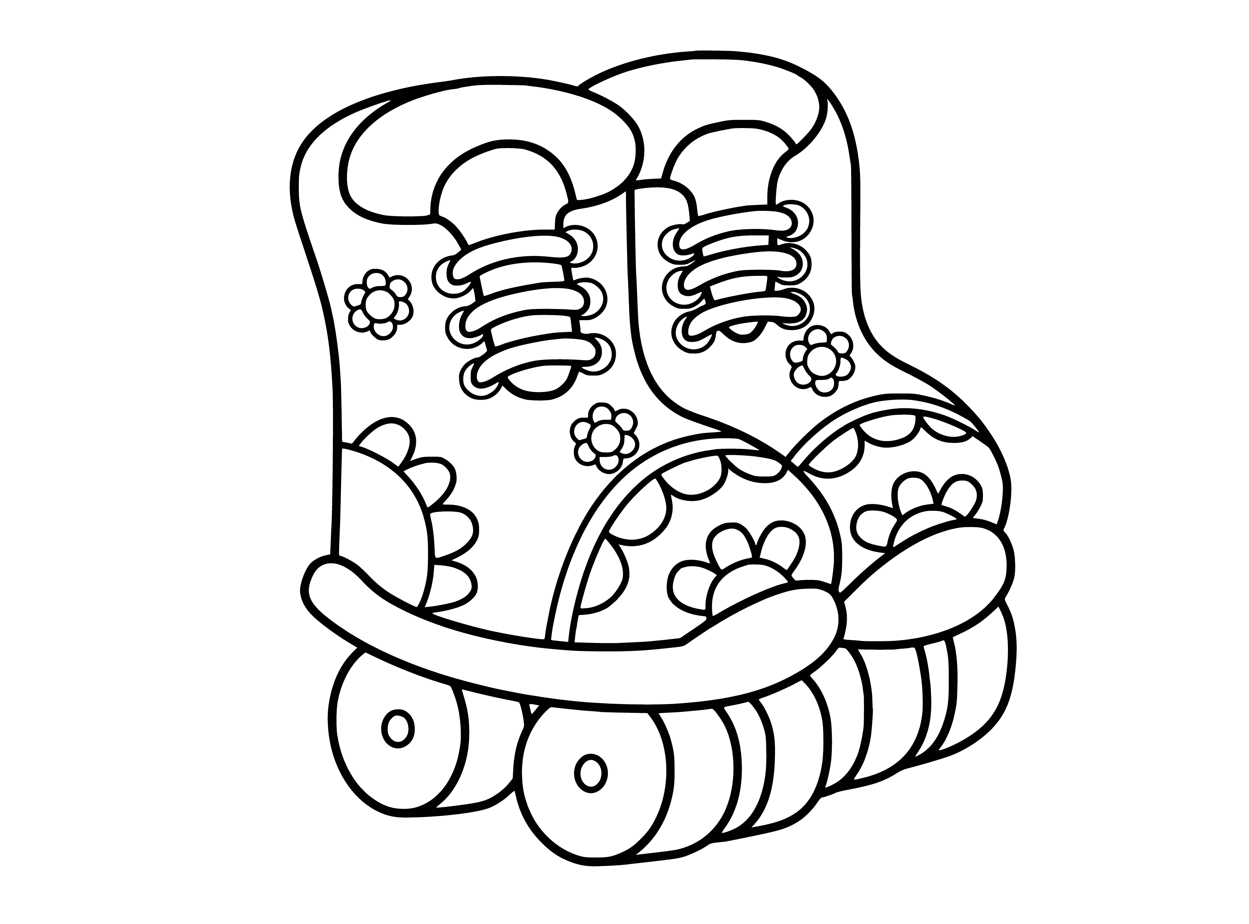 coloring page: 2 roller skates, 4 wheels each, black with white strap on top for feet. #coloringpage #rollerskates