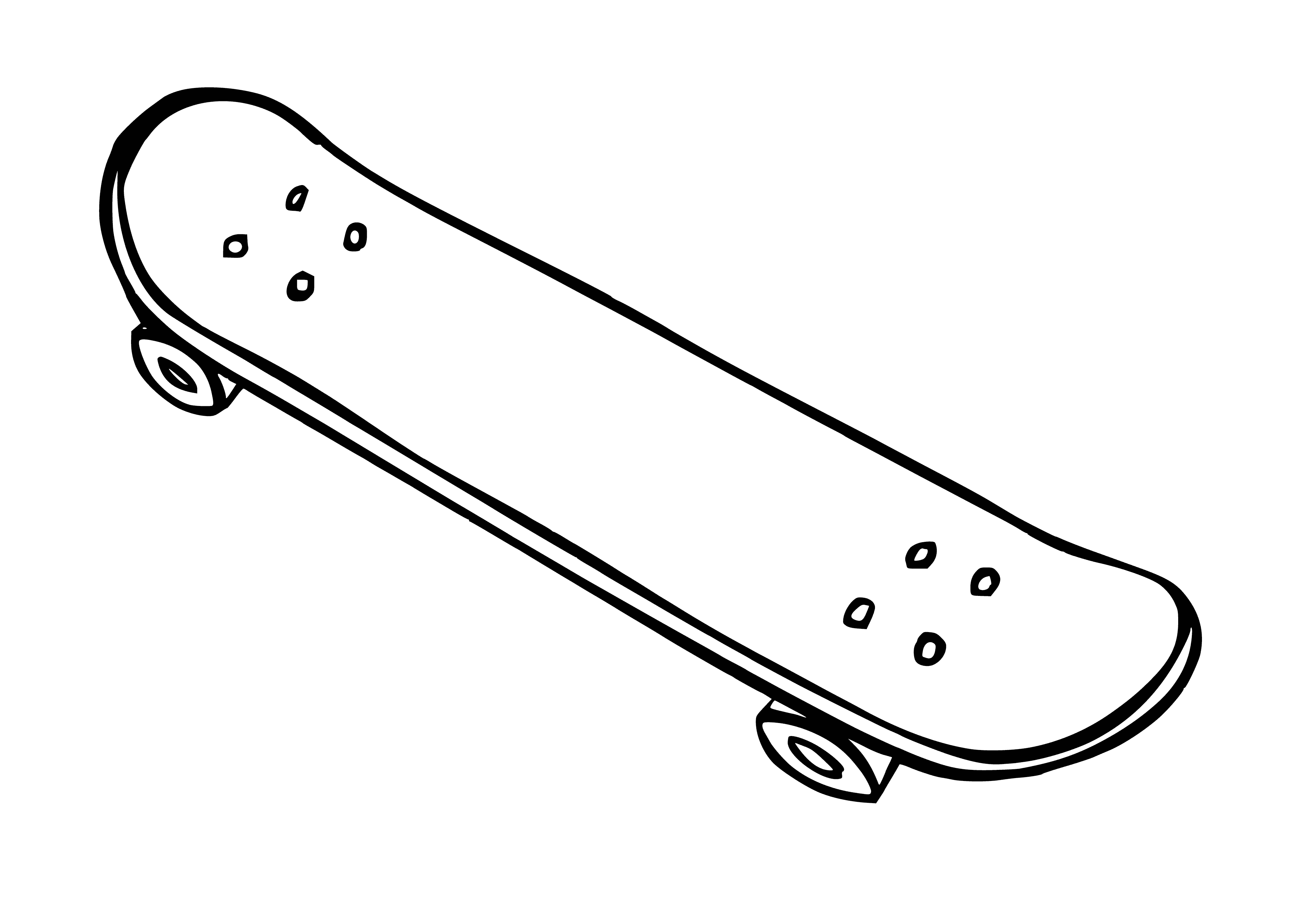 coloring page: Riding a skateboard: standing on a wooden deck, pushing off with the feet and rolling on 4 wheels.