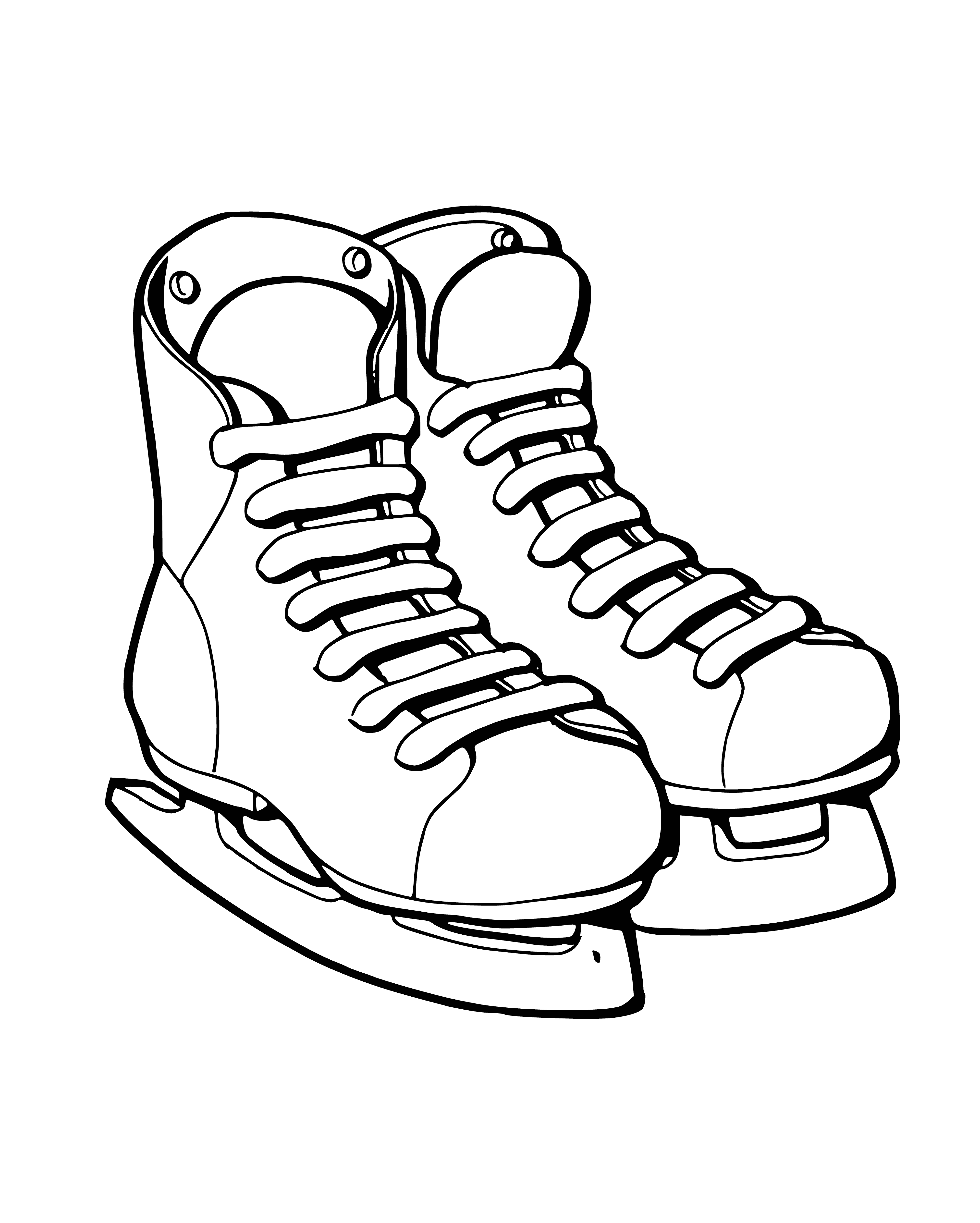 coloring page: A pair of hockey skates: black with white laces, padded tongue and metal blade.