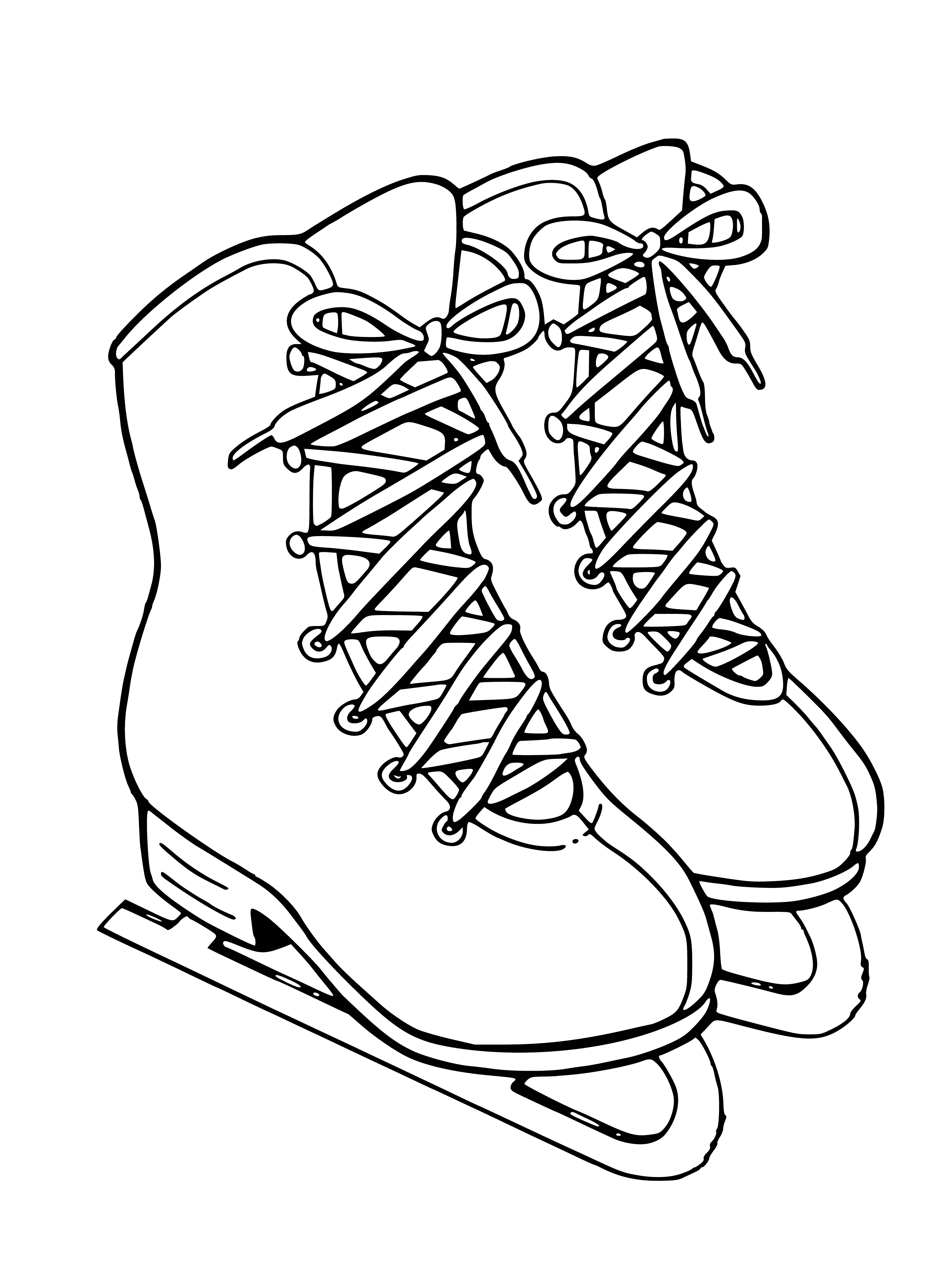 coloring page: Figure skates with black, white & silver details. Blades look sharp & skates are tied at the ankle. #SportsEquipment