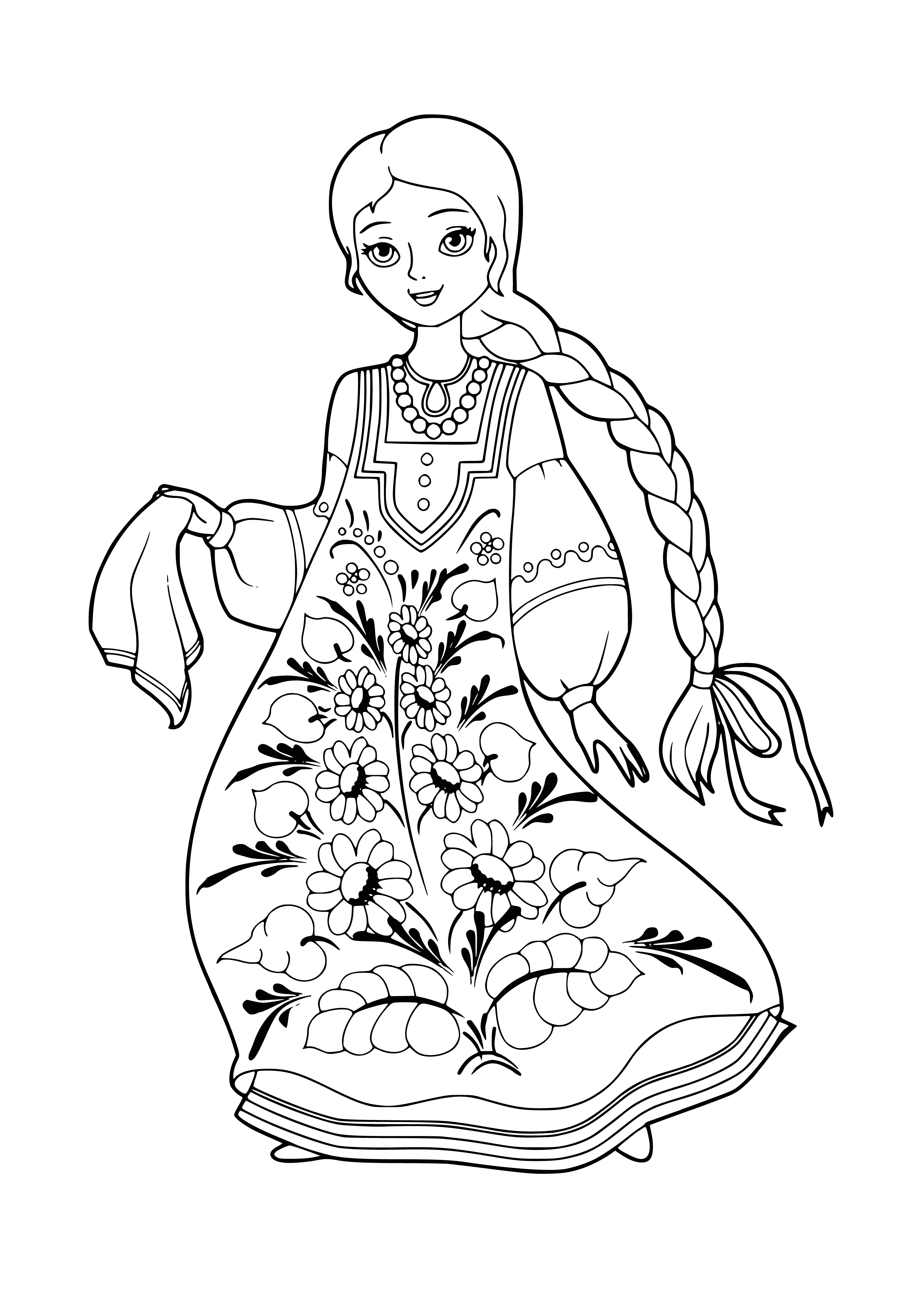 coloring page: Three women in traditional Russian clothing, with different coloured dresses and headscarves, gathered together in a blue sky with white clouds.