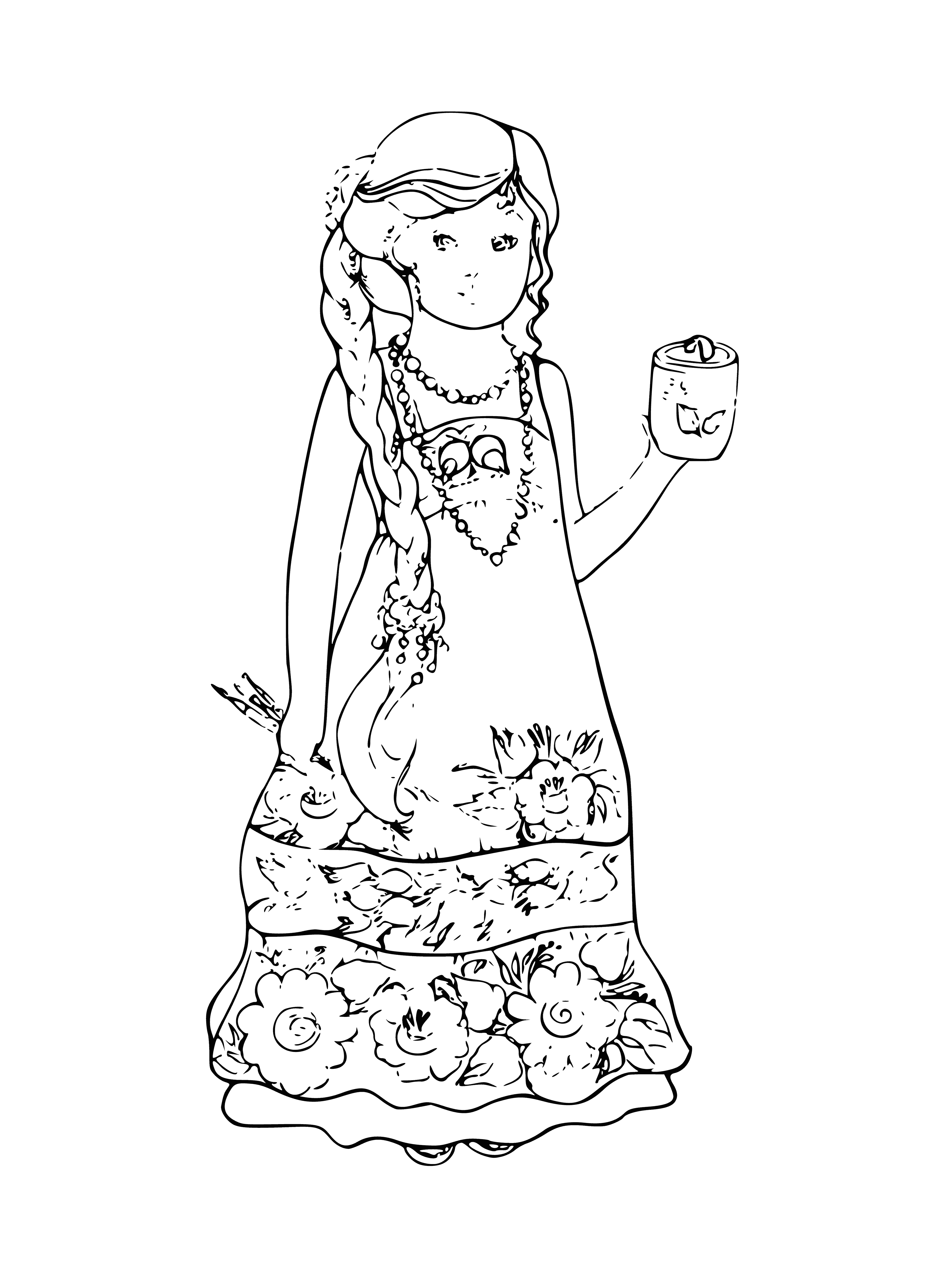 coloring page: Woman from Ural-Siberian region wears patterned dress, headscarf and looks towards background of mountains and trees. #Russia #Culture