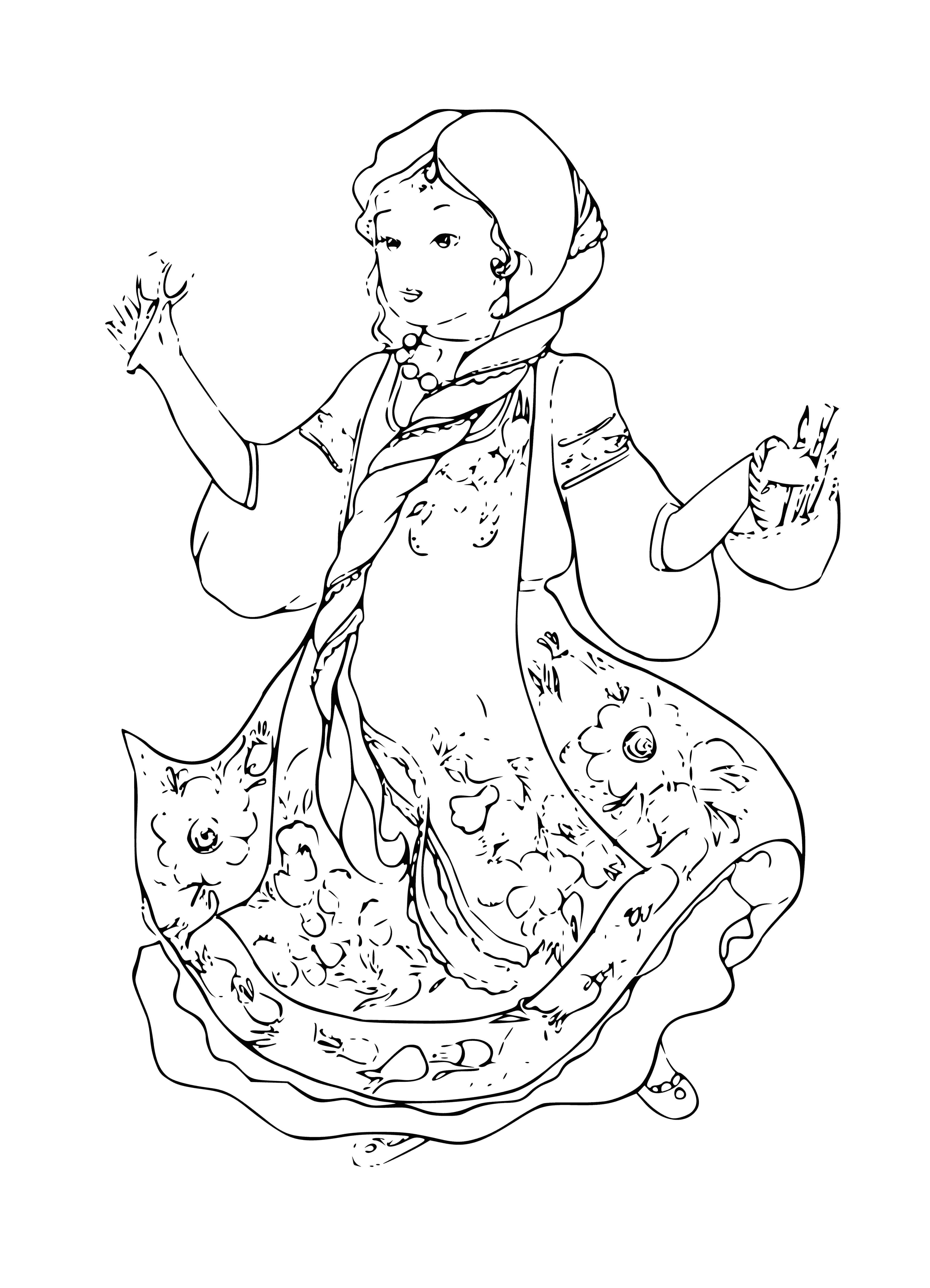 coloring page: Woman in dress stands in front of window, light shining thru, creating a glowing effect on the fitted bodice and flared skirt. #painting