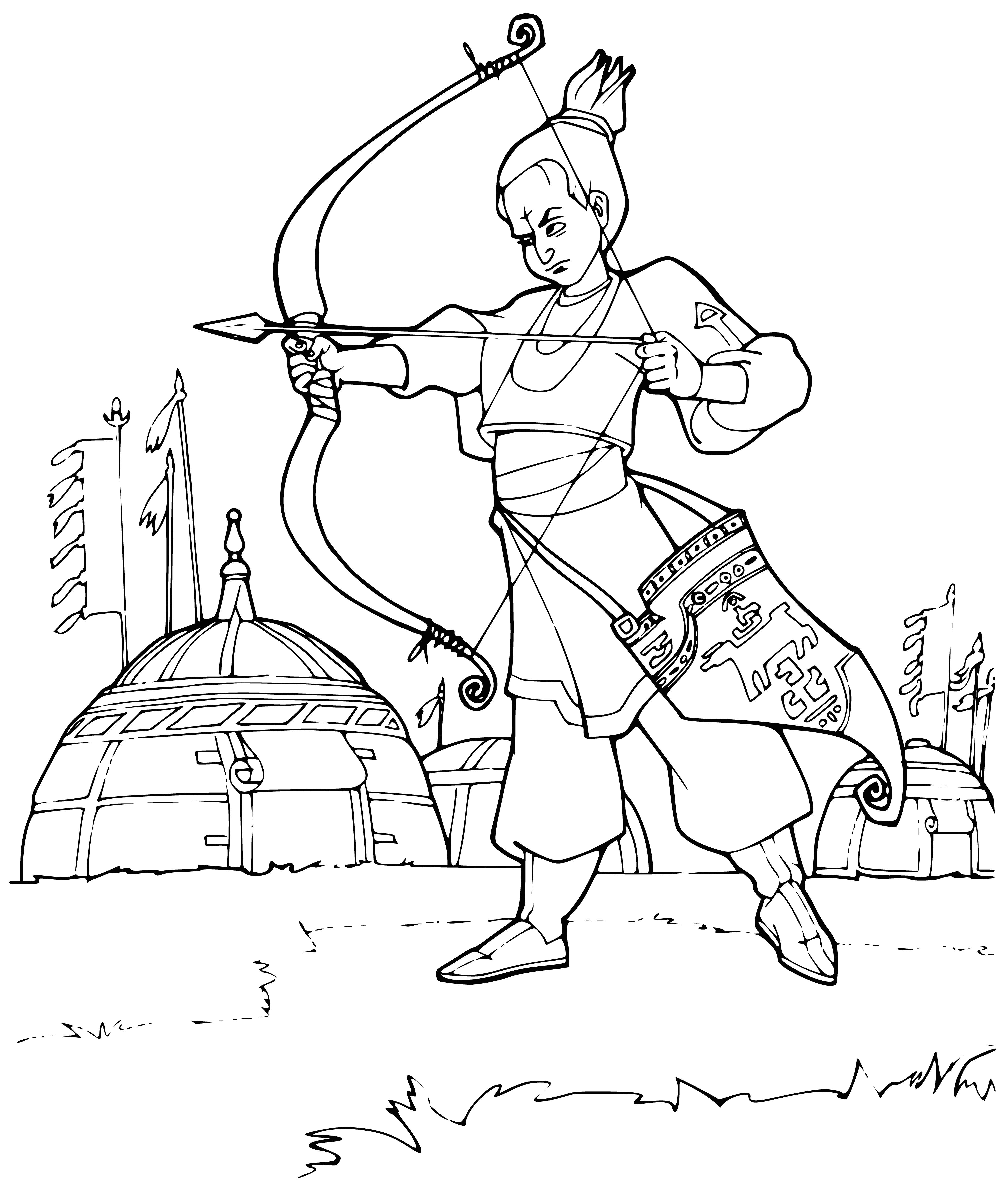 coloring page: Man w/ bow & arrow stands on boat, looks to left, sees city in distance. Has beard, long hair, tunic, cape.
