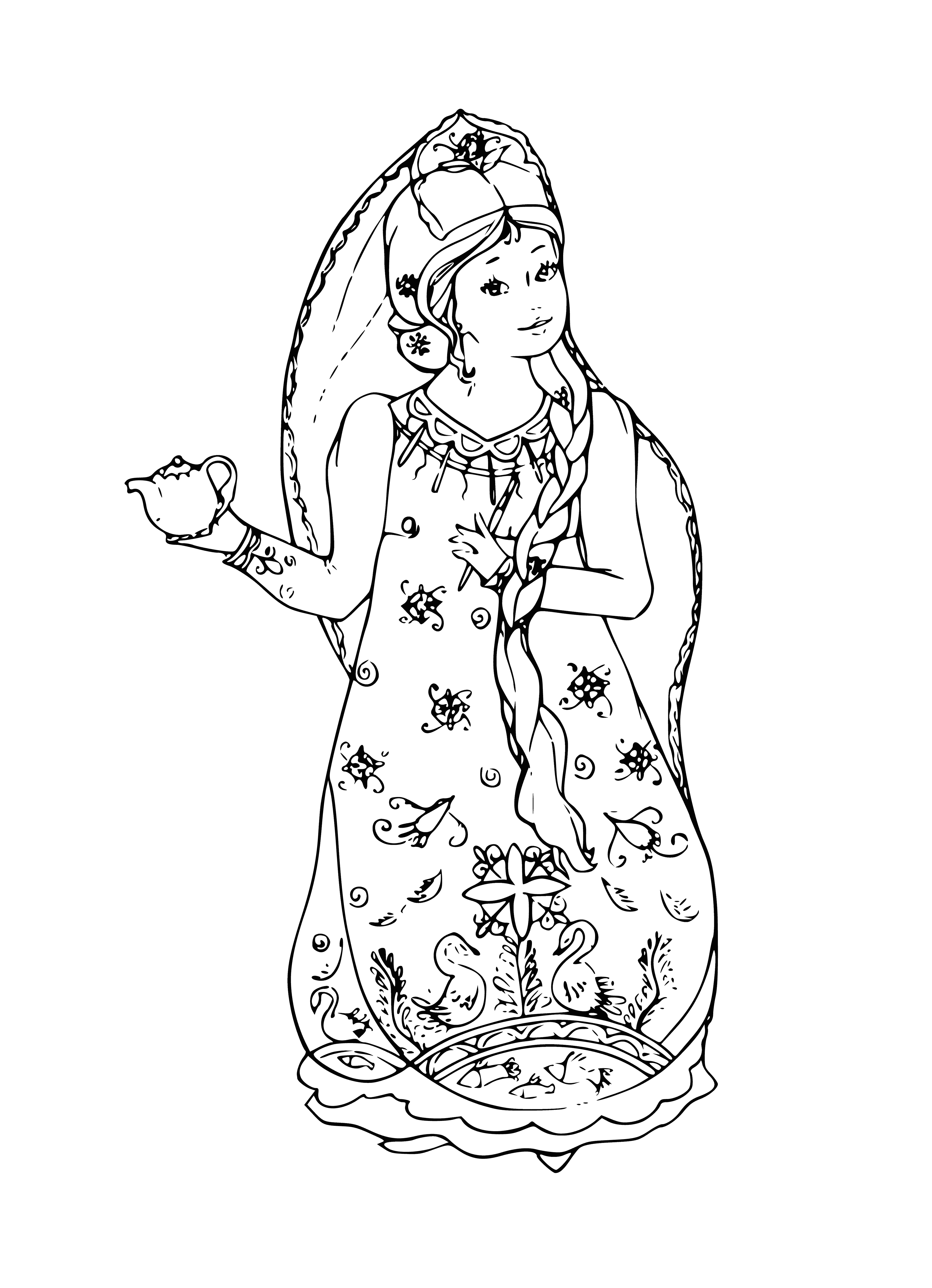 coloring page: Young woman contentedly admires herself in a mirror, necklace & updo while admiring a garden view.