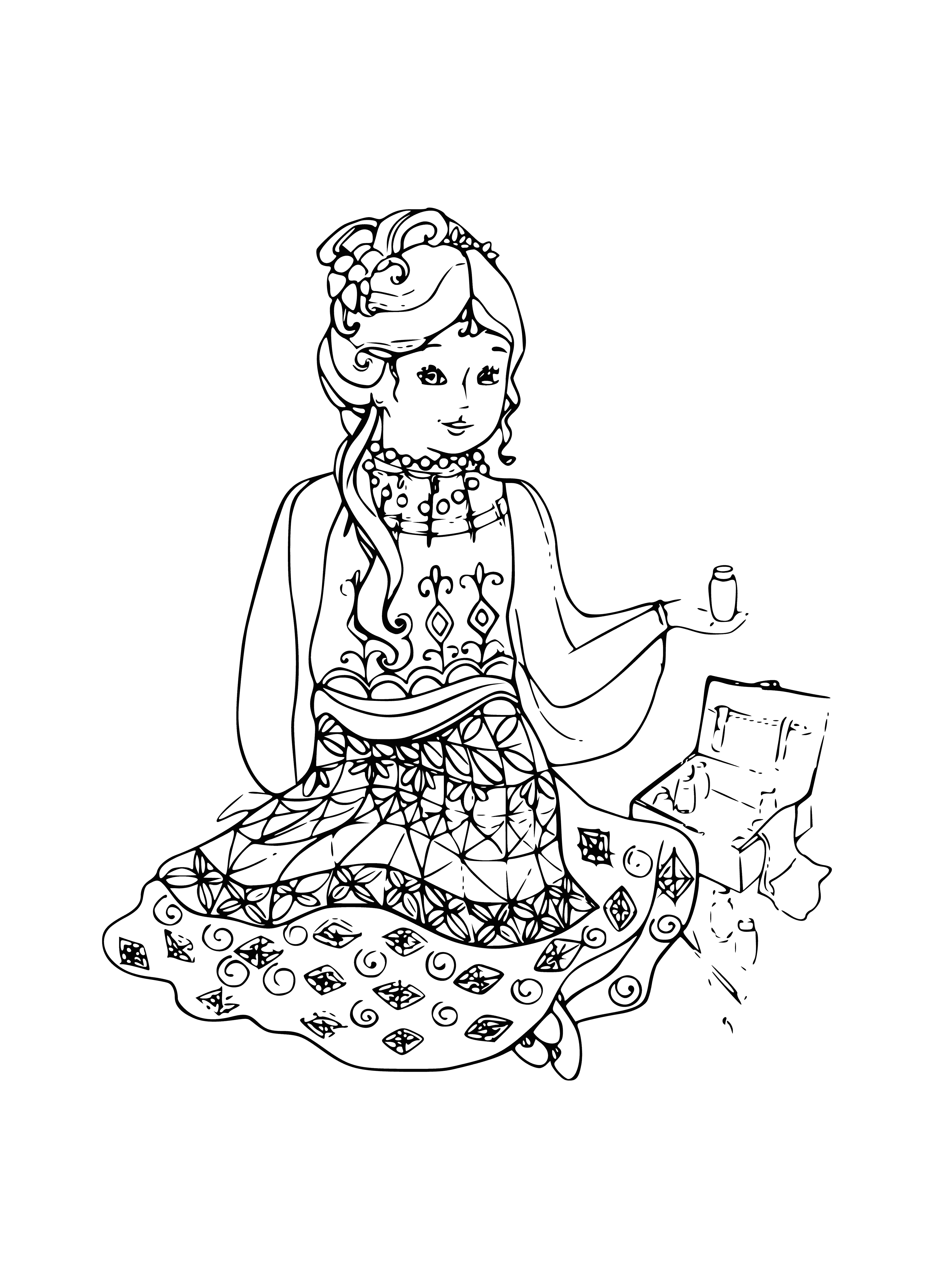 coloring page: Young woman in traditional Russian outfit in rural landscape is the focus of a painting: blouse, red scarf, flowered skirt, dark hair in bun and headscarf.