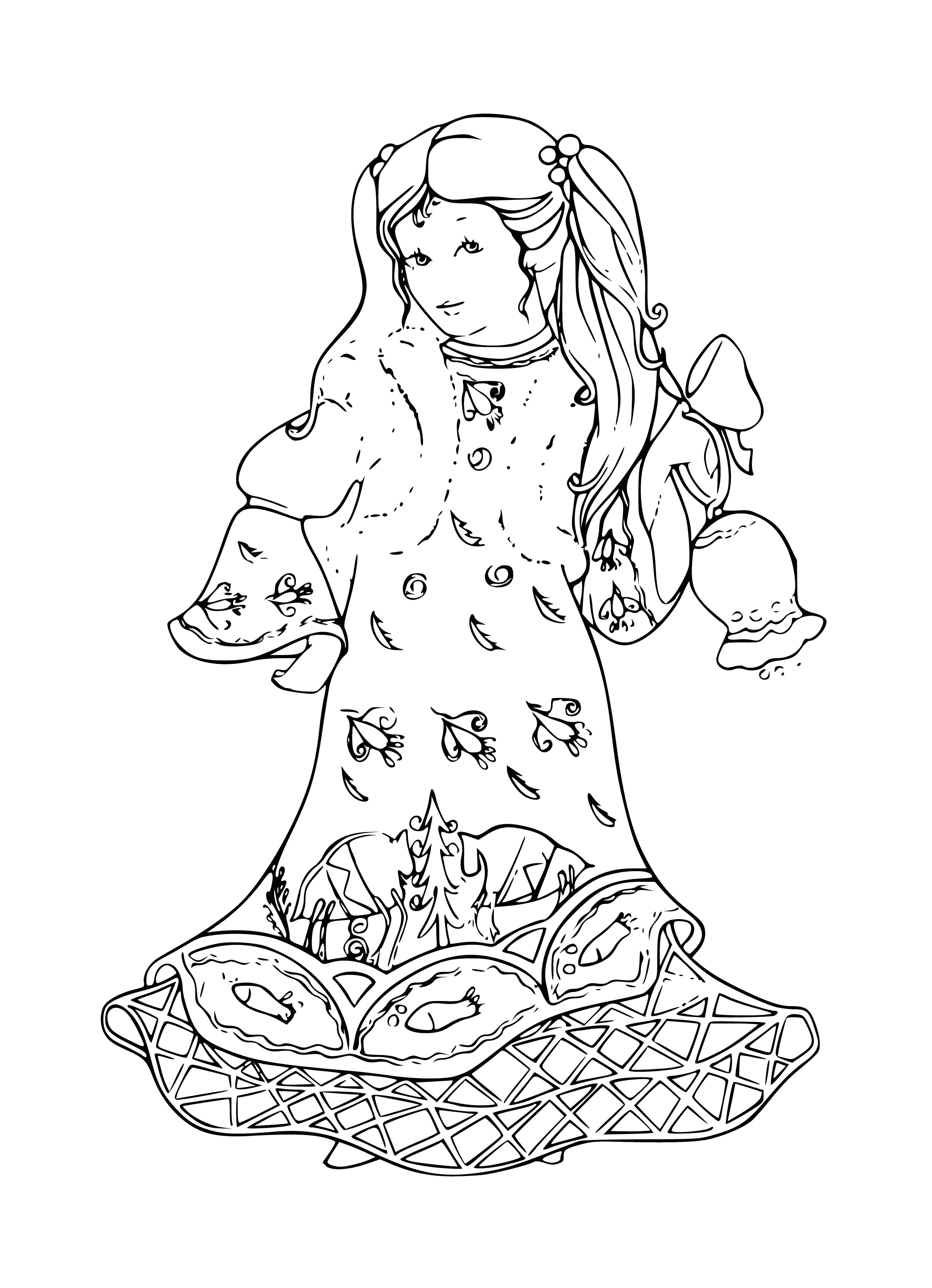 coloring page: Woman in elegant dress stands in garden with flower in her hand.  #art #painting