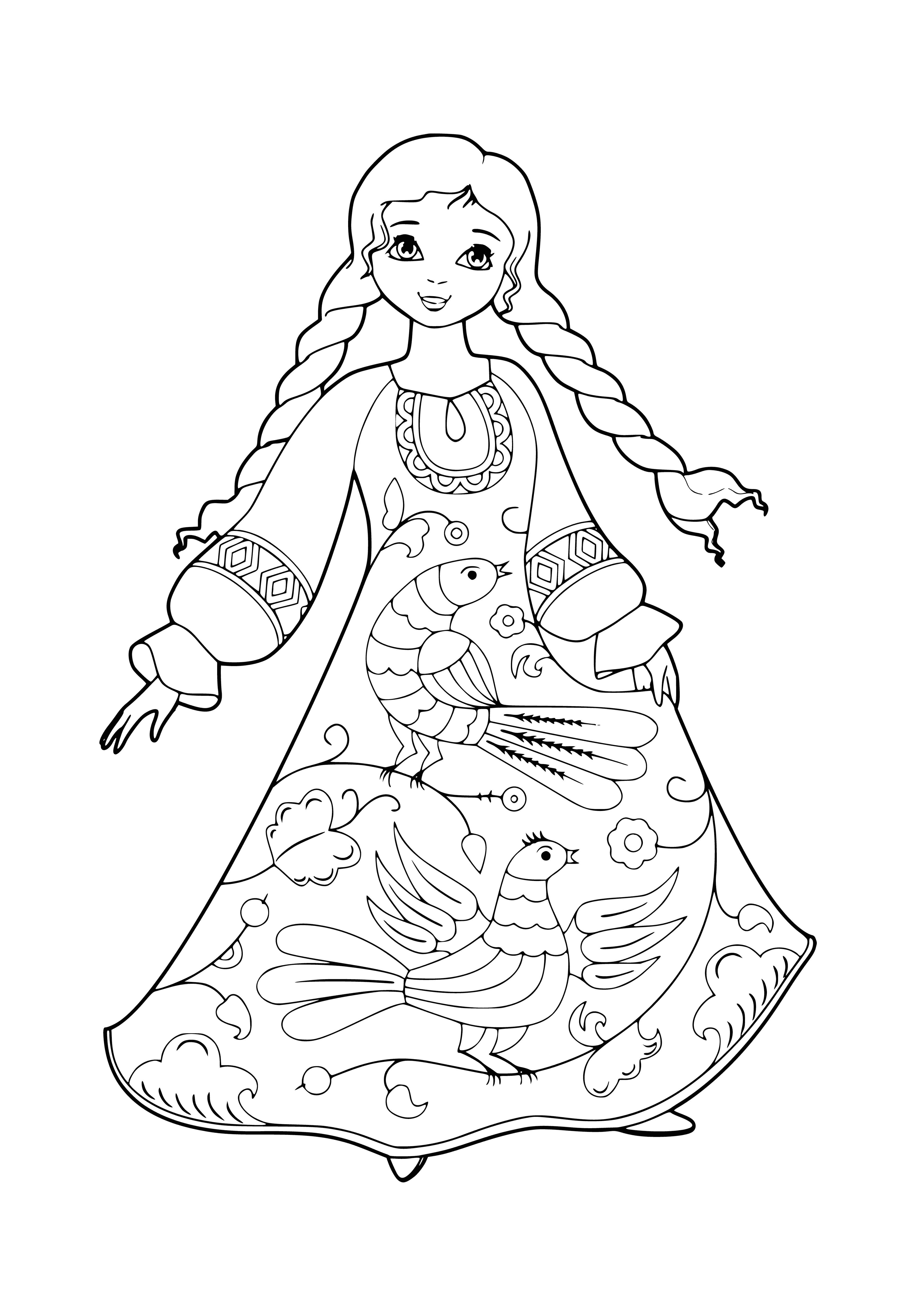 coloring page: Woman wearing patterned dress poses against dark background; arms out, head tilted, eyes closed.