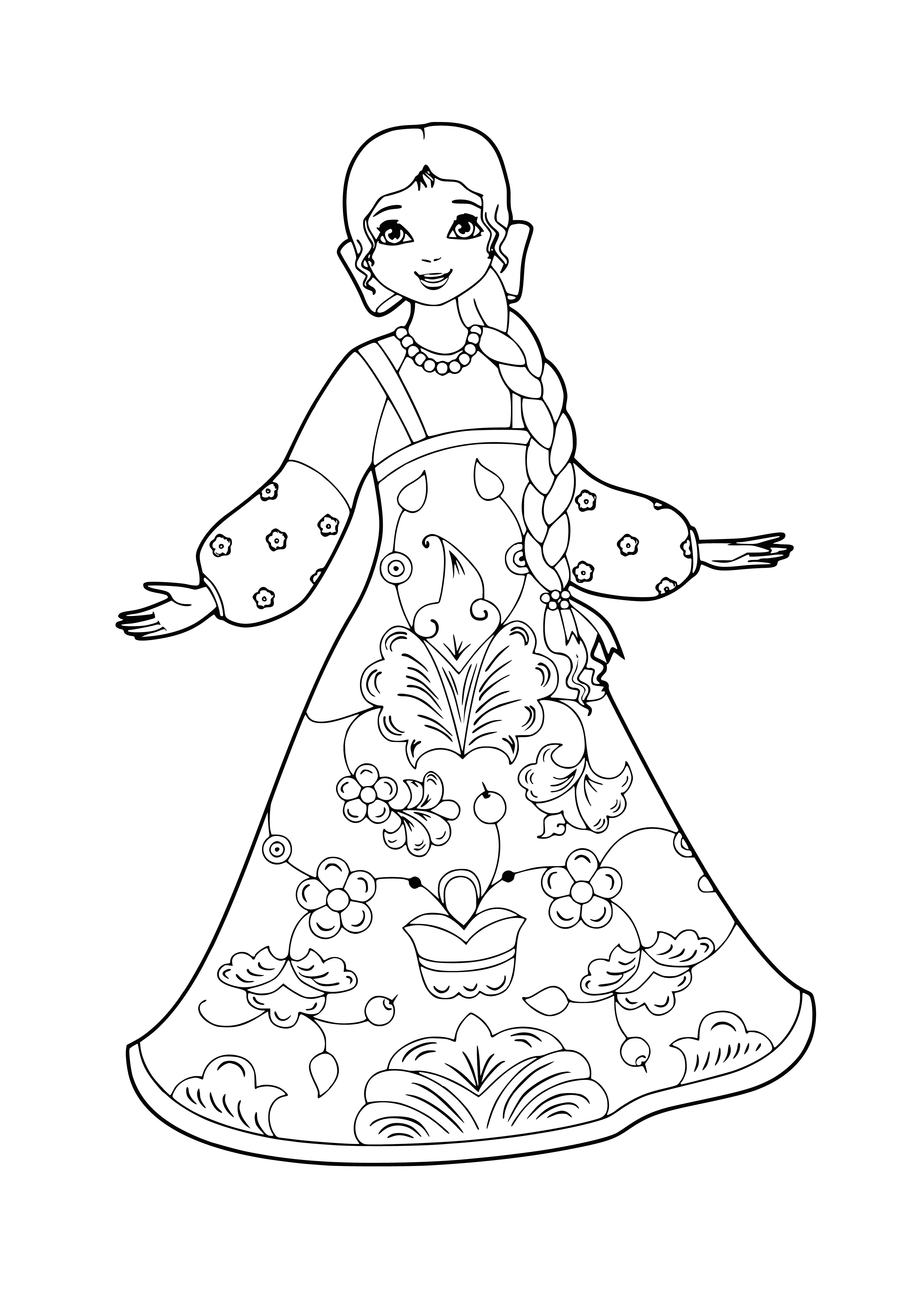coloring page: A traditional Permogorsk woman and child in brightly-colored outfits, each with a headscarf.