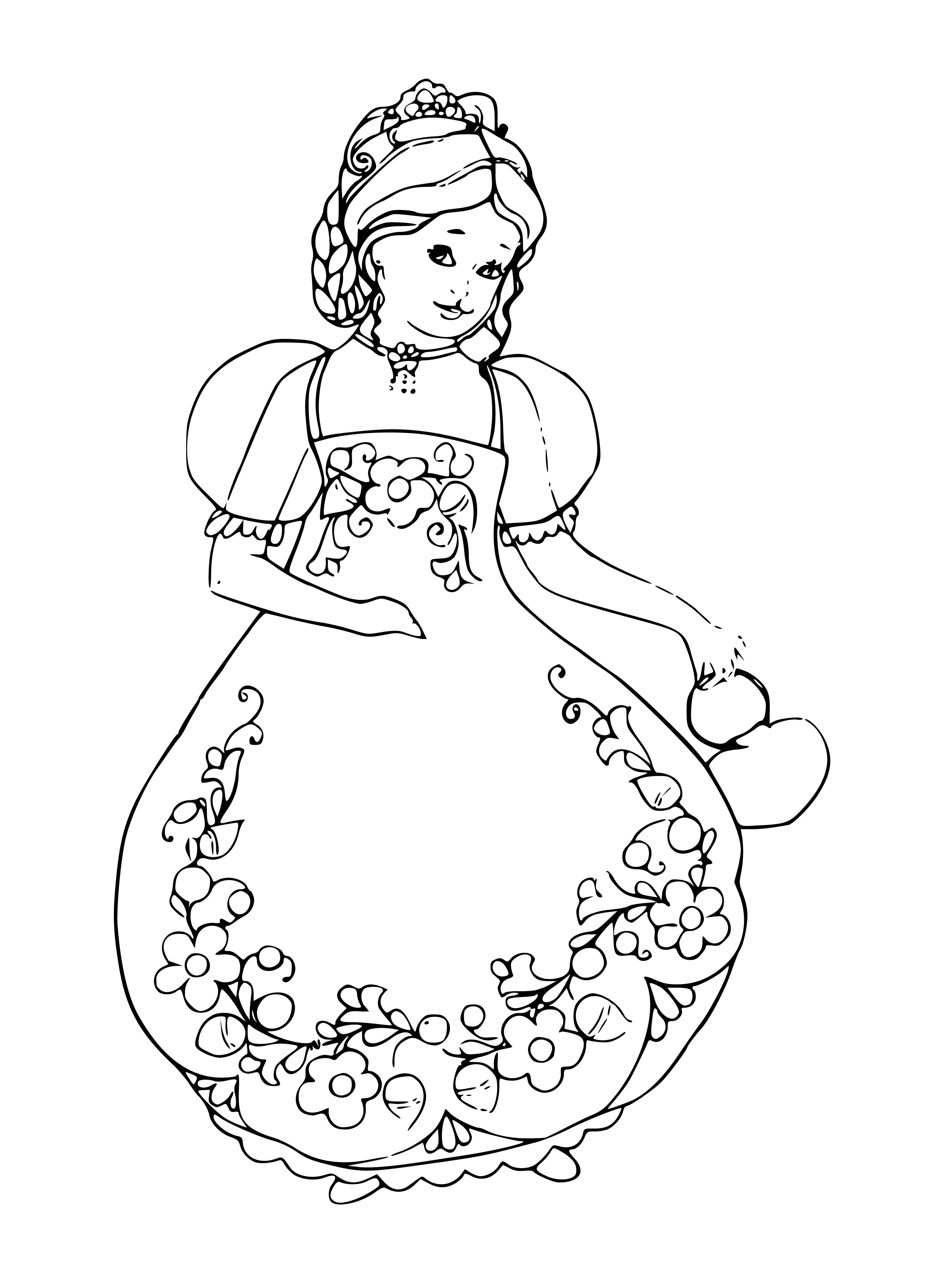 coloring page: Woman standing in front of mirror adjusting her hair; wearing dress w/ floral pattern, high neckline & long sleeves w/earrings.