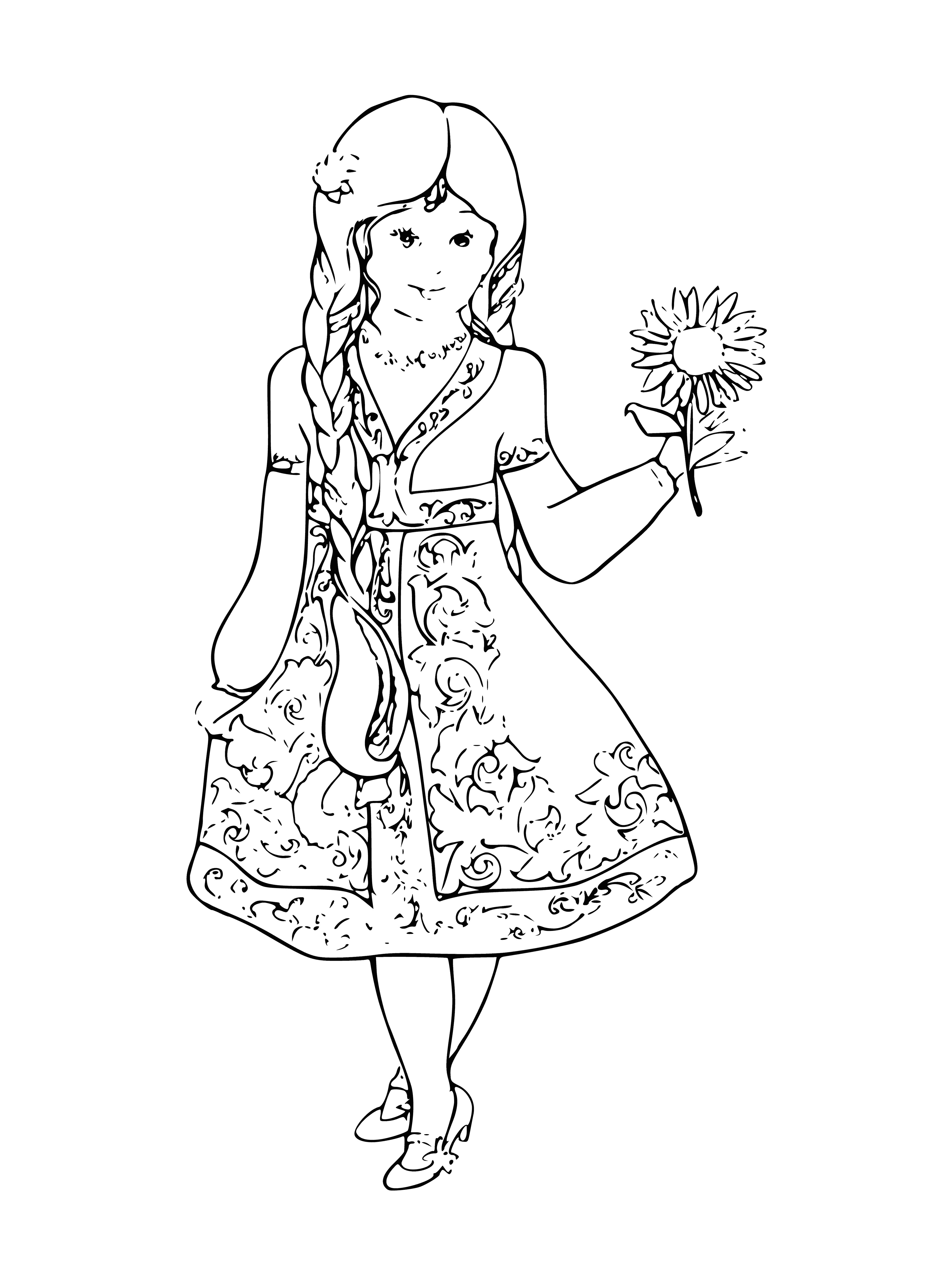 coloring page: Woman in patterned dress views a painting in a room. #art #painting