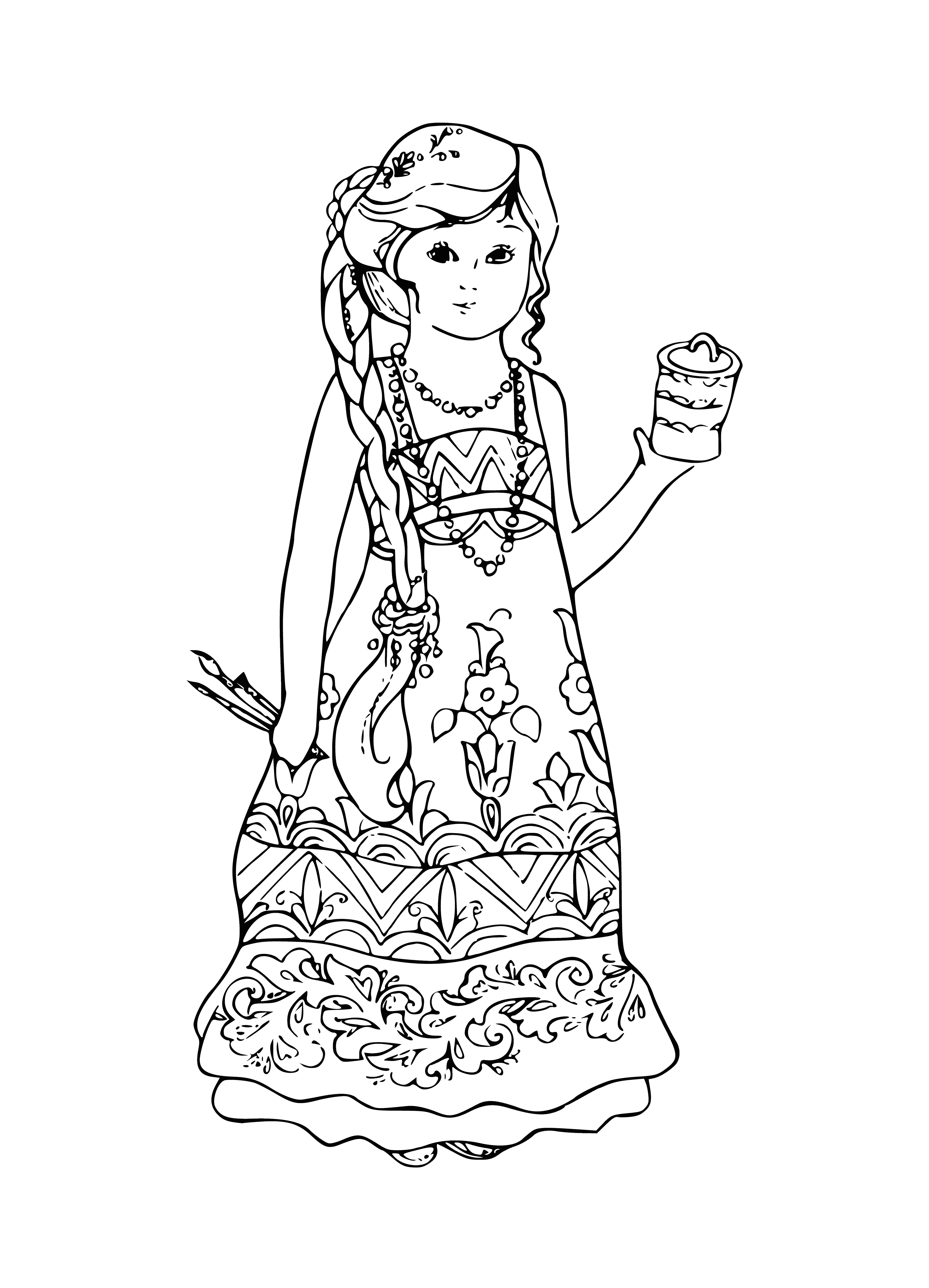 coloring page: Man in long robe, with staff and halo, admired by crowd. Mountain in background with cross on top.
