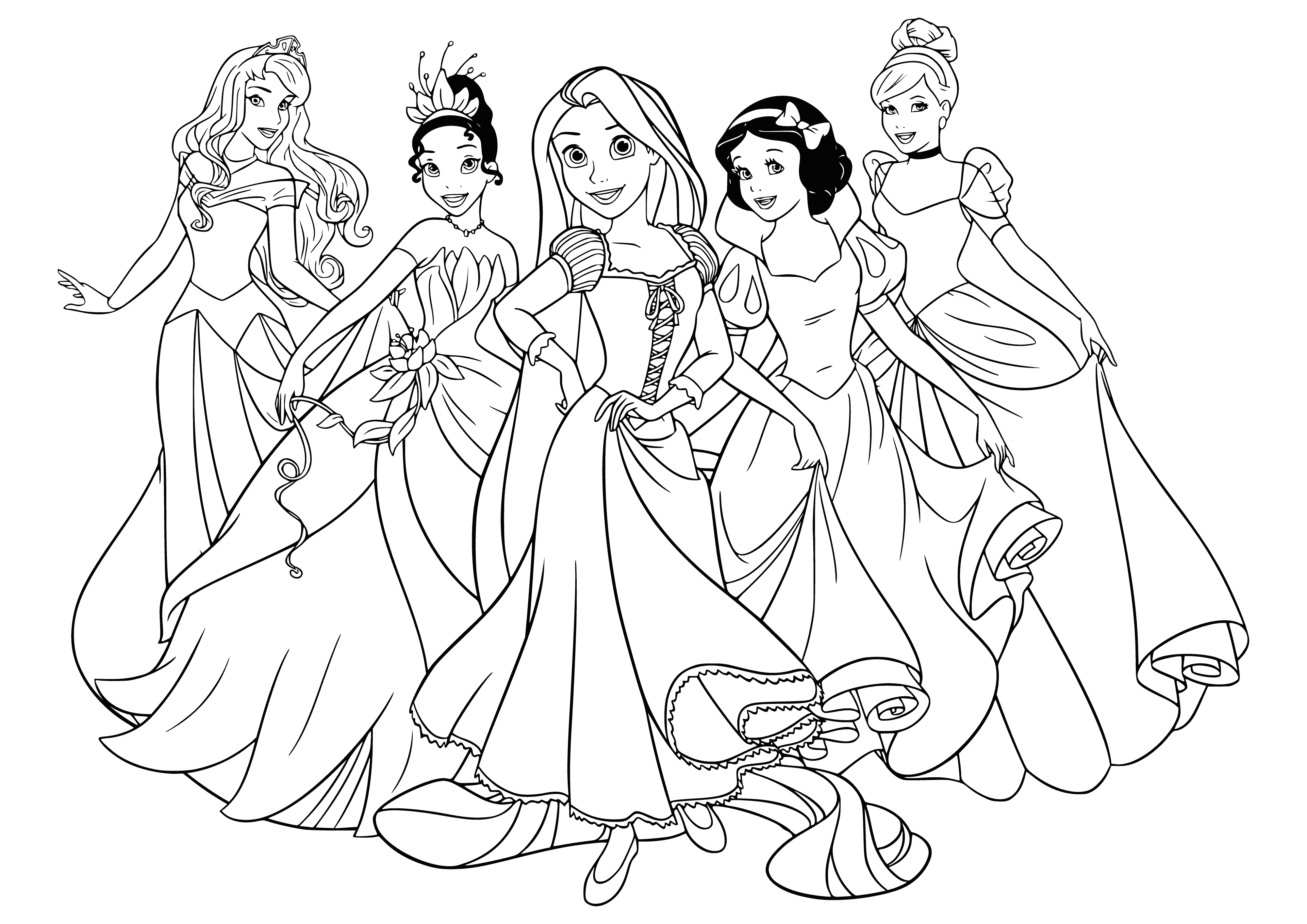 Aurora, Tiana, Rapunzel, Snow White, Cinderella coloring page