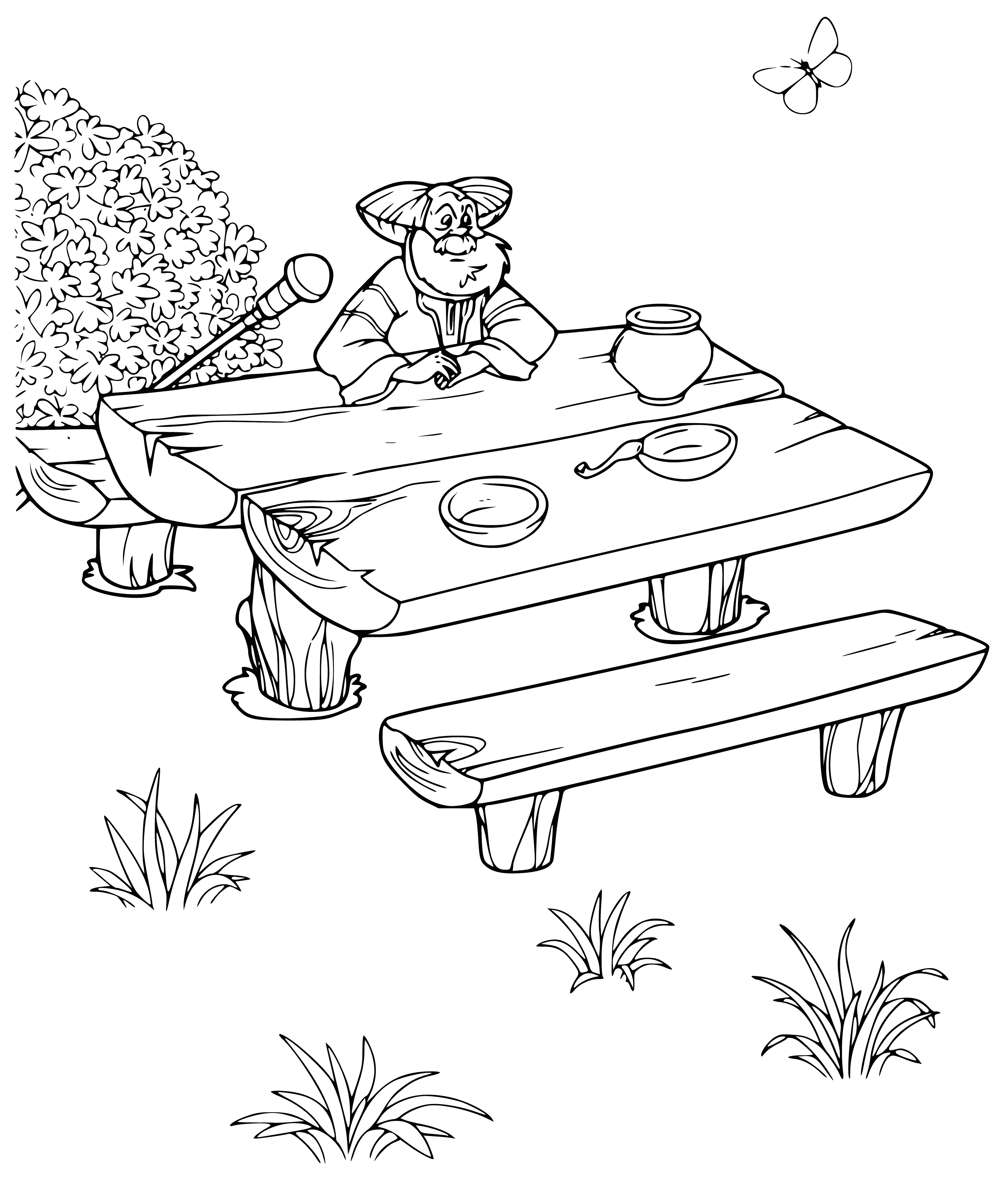 coloring page: Old man & boy sit at a table, old man reads book & has gold ring; boy listens intently, wearing blue shirt. #coloringpage