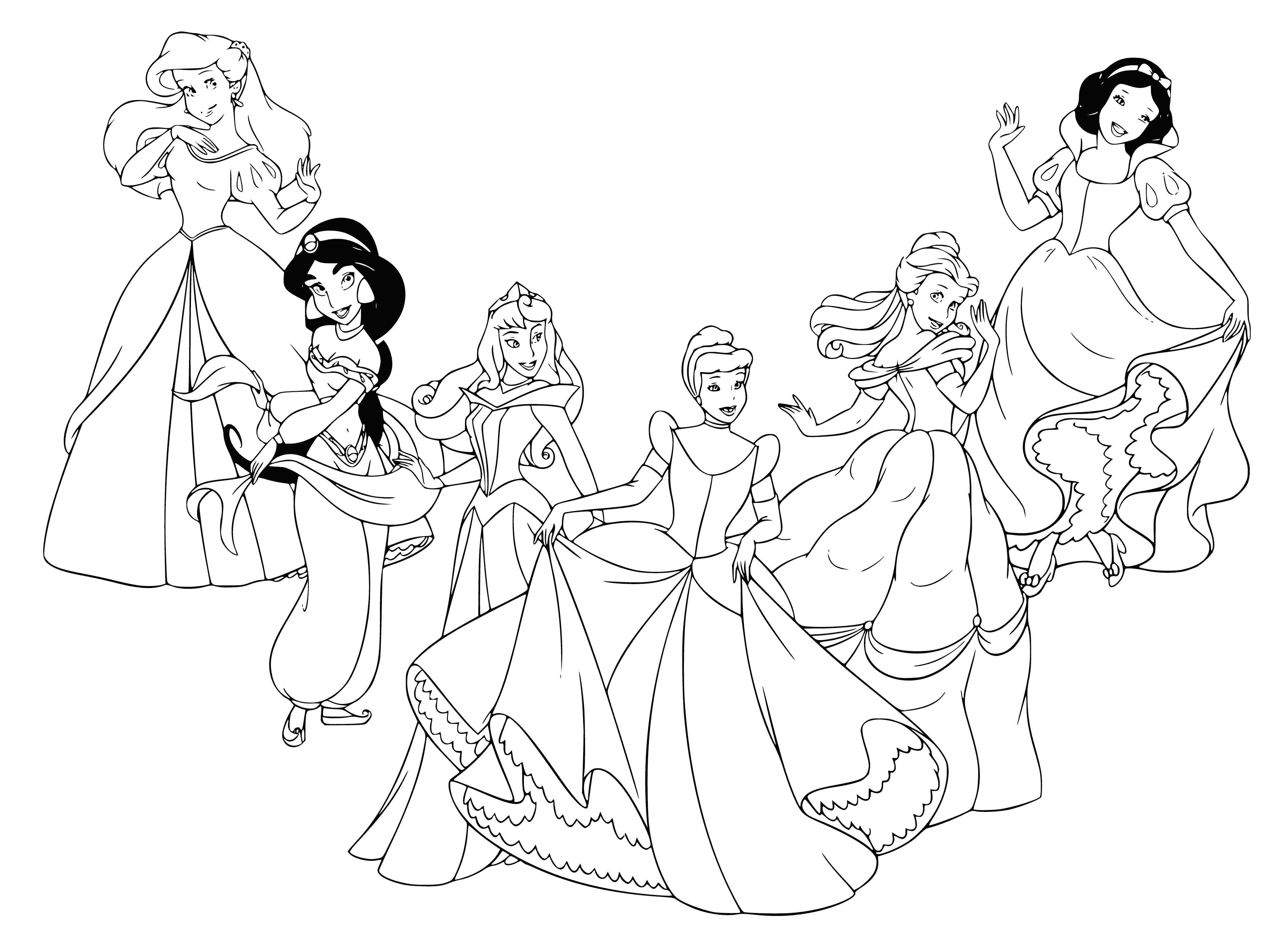 Disney princesses together coloring page