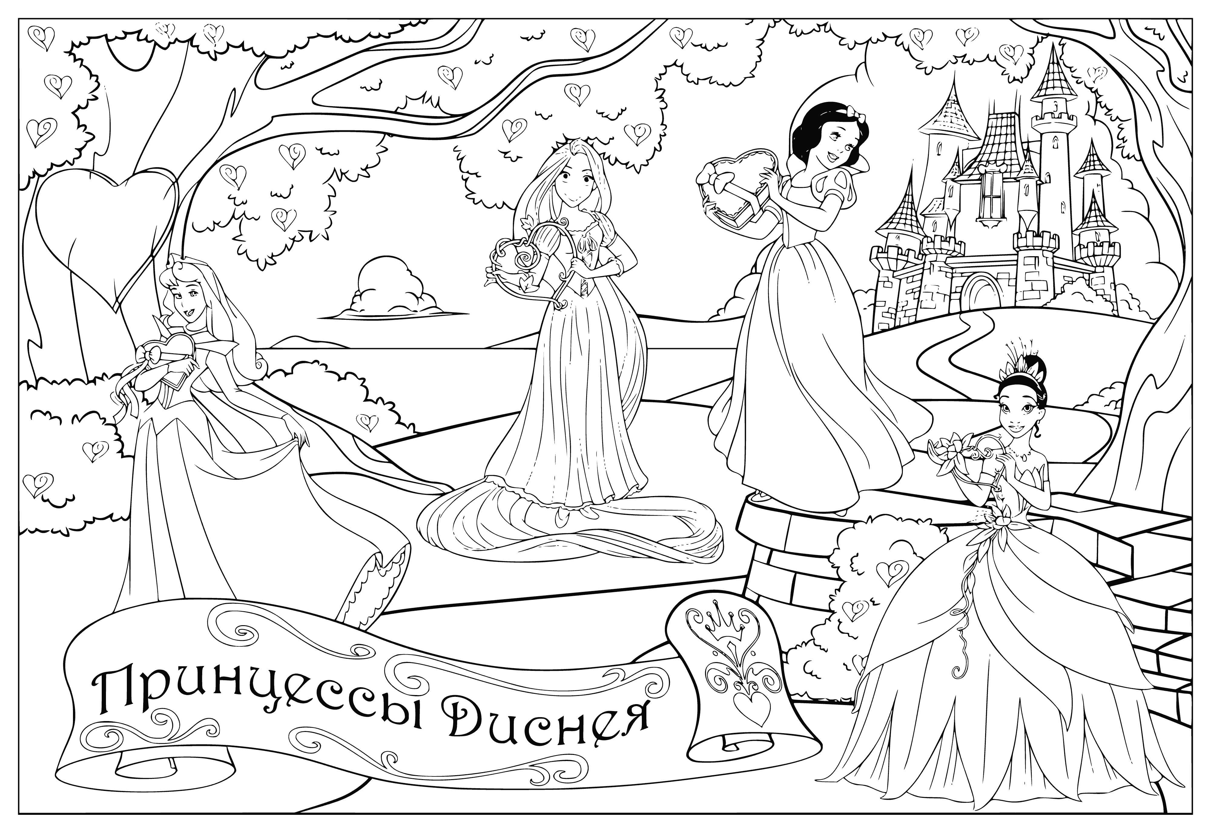 coloring page: 3 classic princesses smiling: Sleeping Beauty (crown), Cinderella (wand) & Snow White (bow). All wearing blue dresses.
