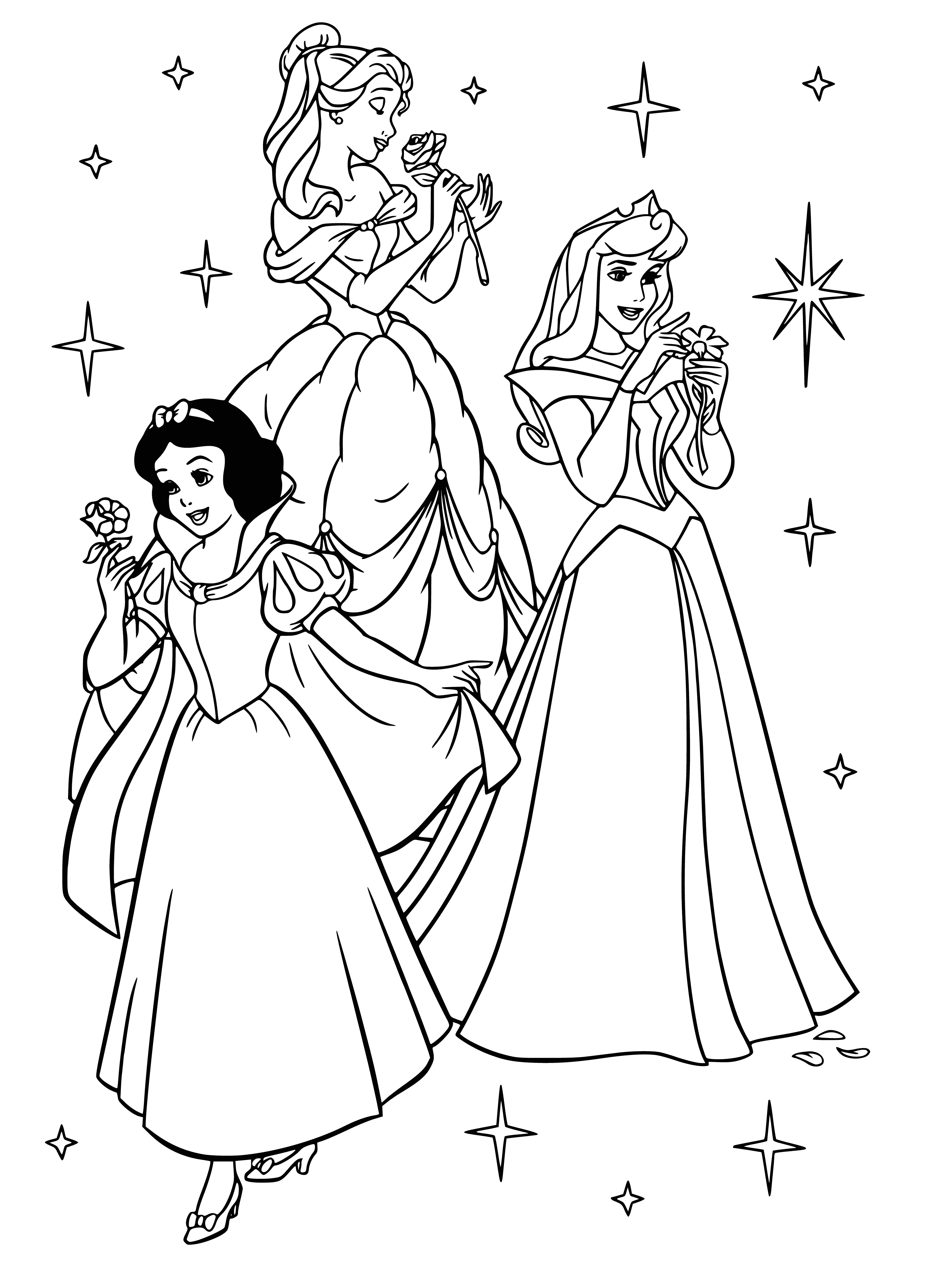 coloring page: Beautiful princesses Snow White, Belle, and Aurora stand in magical settings with captivating expressions.