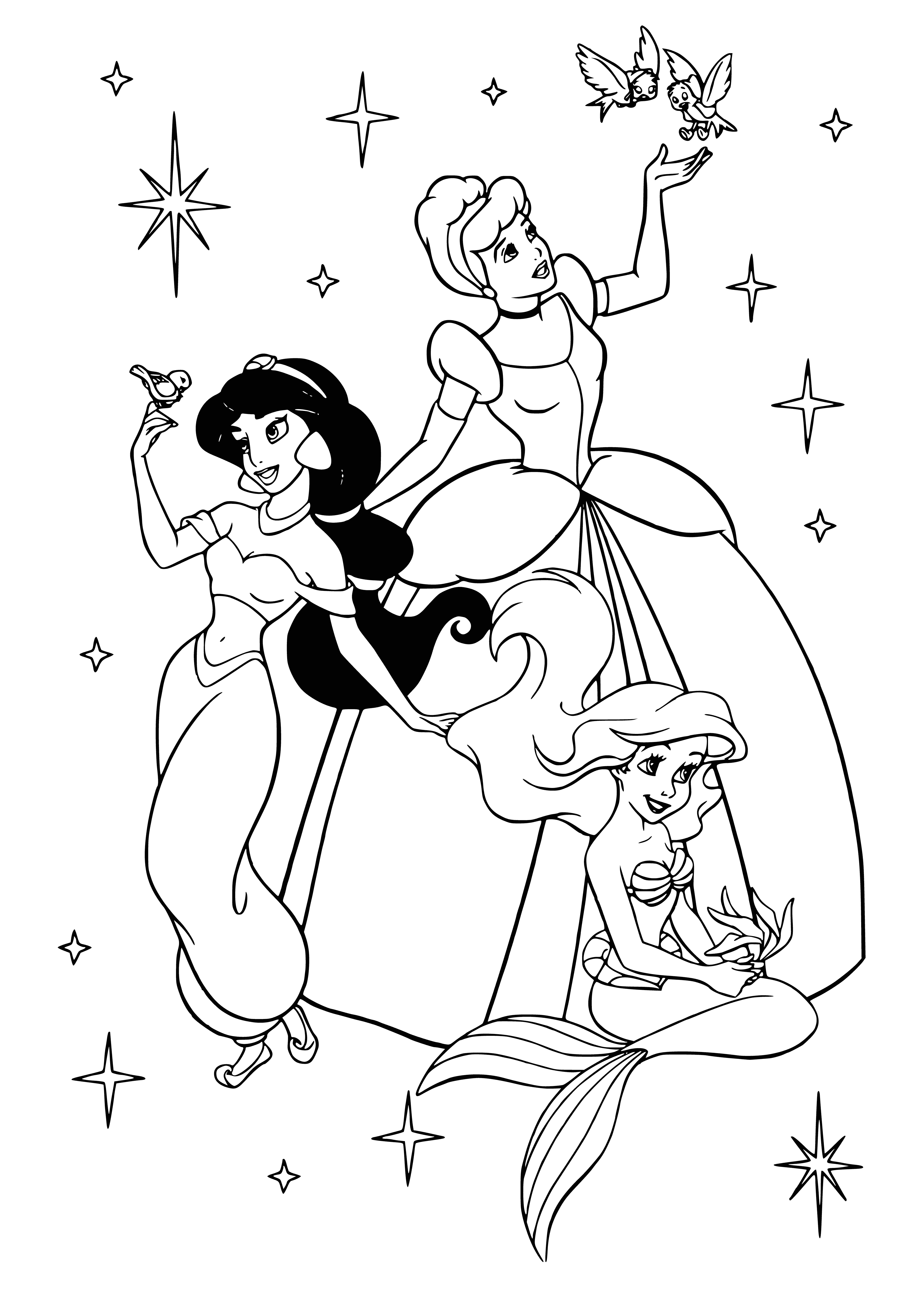 coloring page: Ariel, Jasmine, and Cinderella, three princesses with different looks and settings.