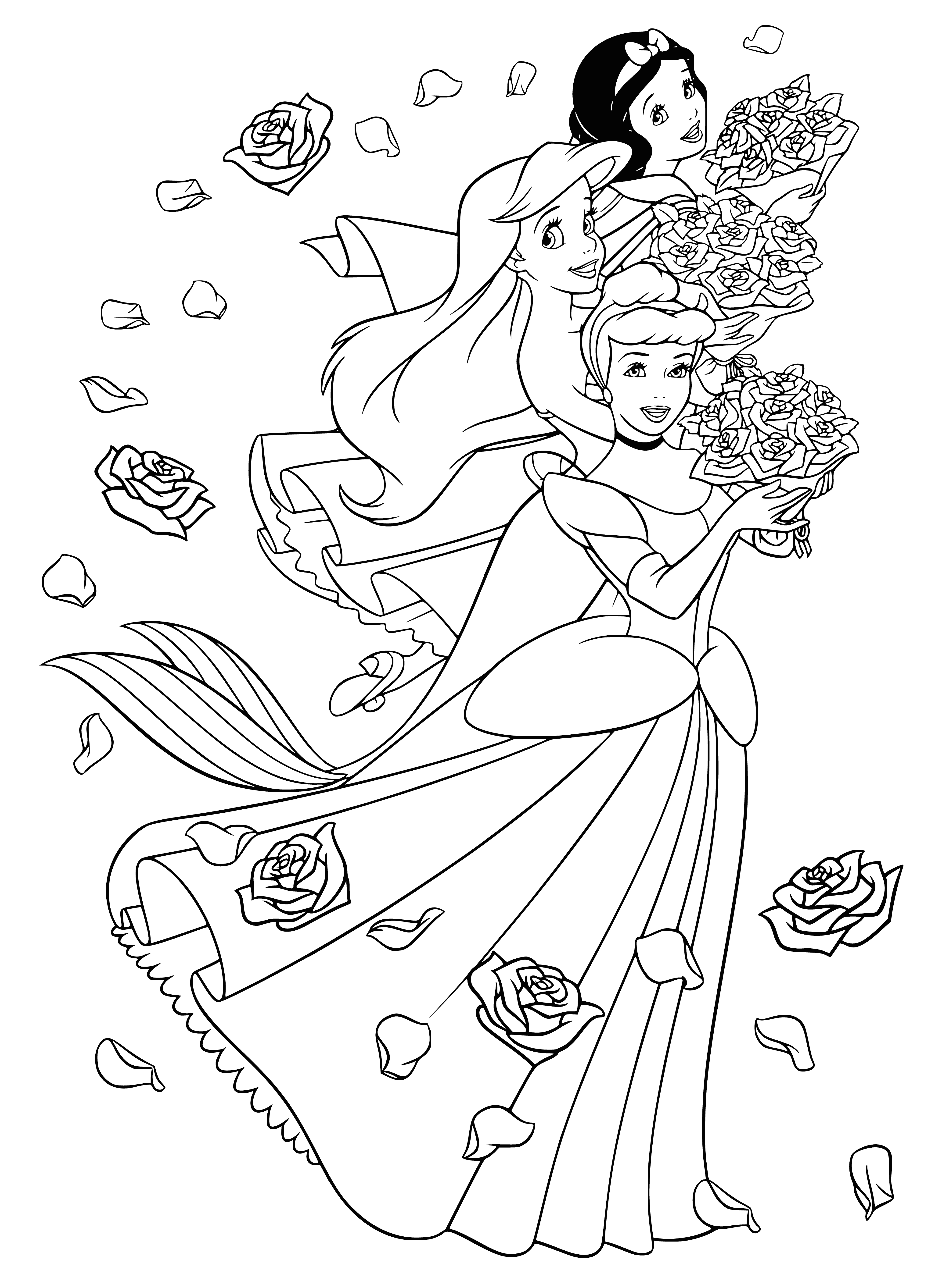coloring page: Cinderella in light blue ballgown in front of castle, Ariel red-haired mermaid w/ purple shell bra, Snow White in yellow/blue dress in forest looking away.