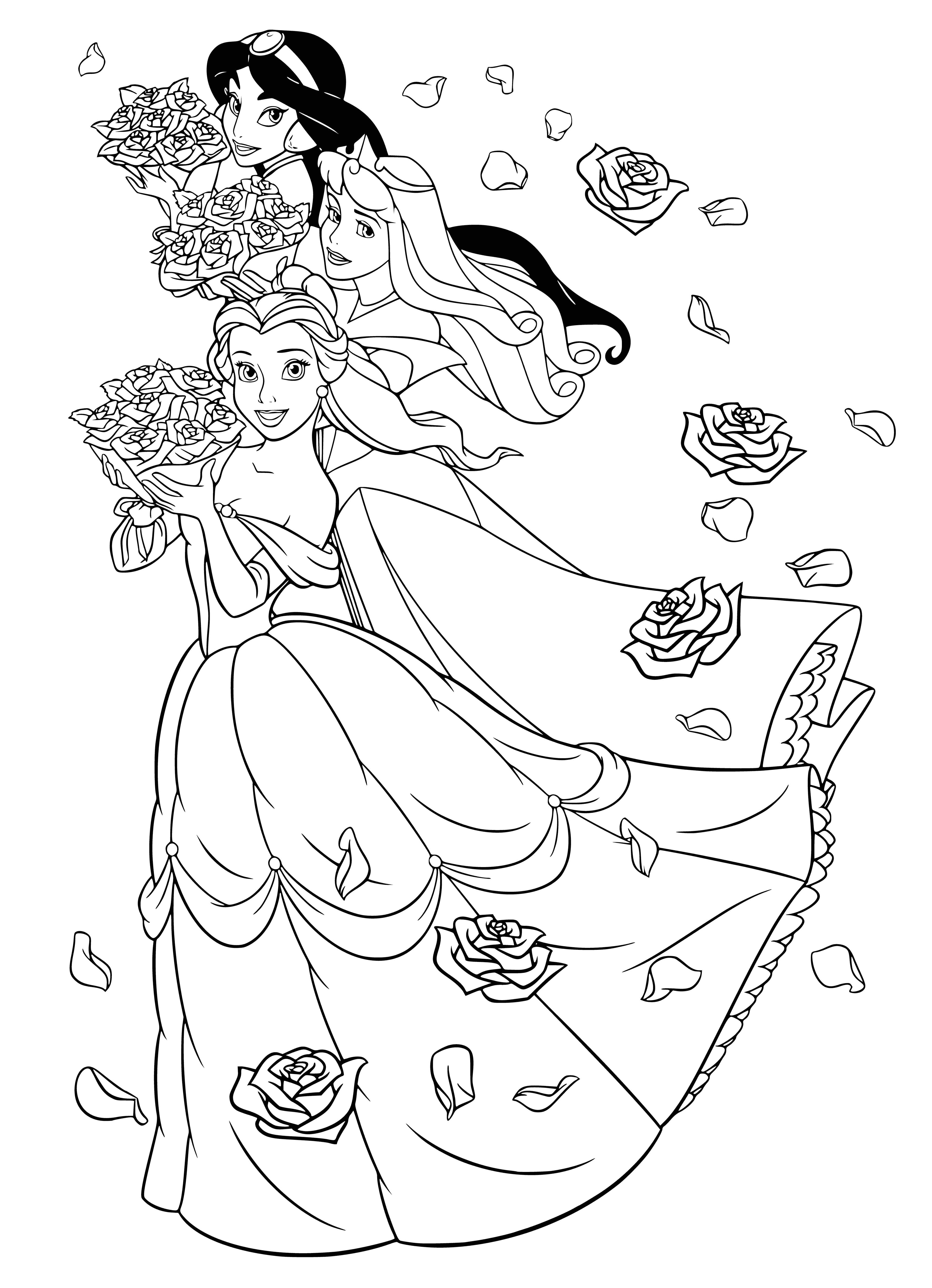 coloring page: 3 Princesses: Belle, Avora & Jasmine, each wear unique outfits and have different hair & eye colors.