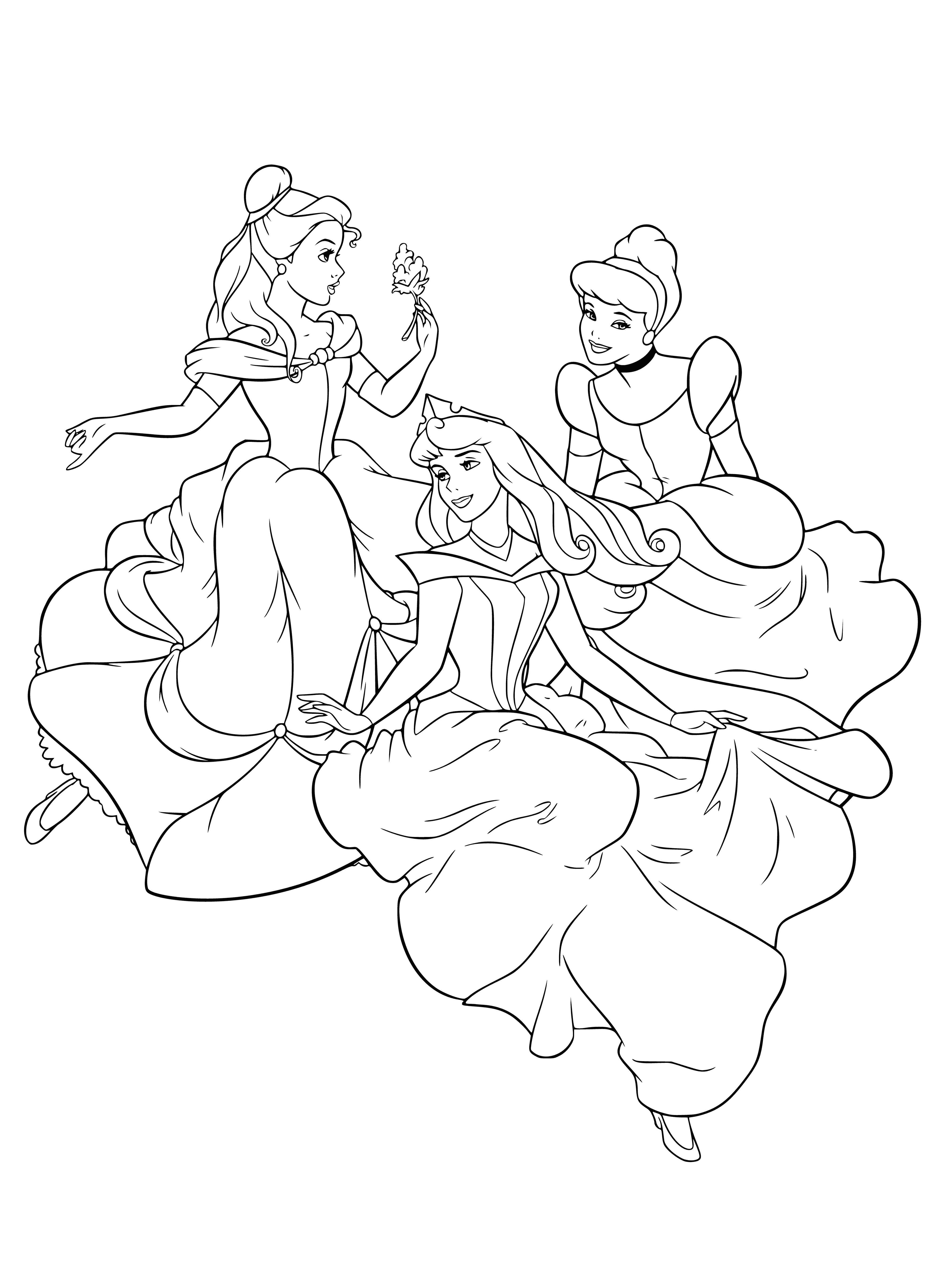 coloring page: Beautiful princesses Belle, Aurora, and Cinderella have long hair and different colored gowns with blue or white sashes.