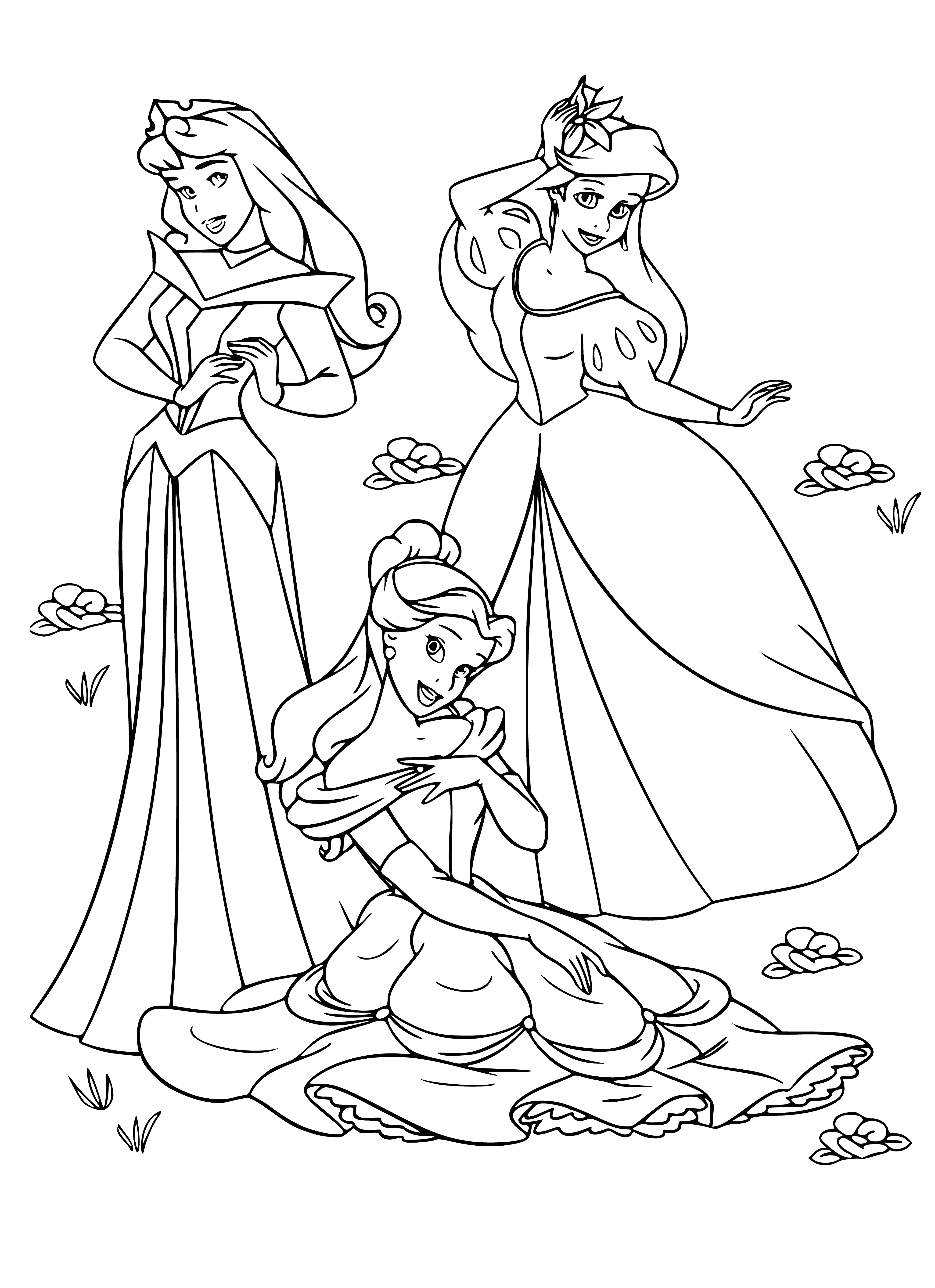 coloring page: Aurora in field of flowers, Belle walking in forest in yellow dress, Ariel on rock by ocean in green dress. All have different hair.