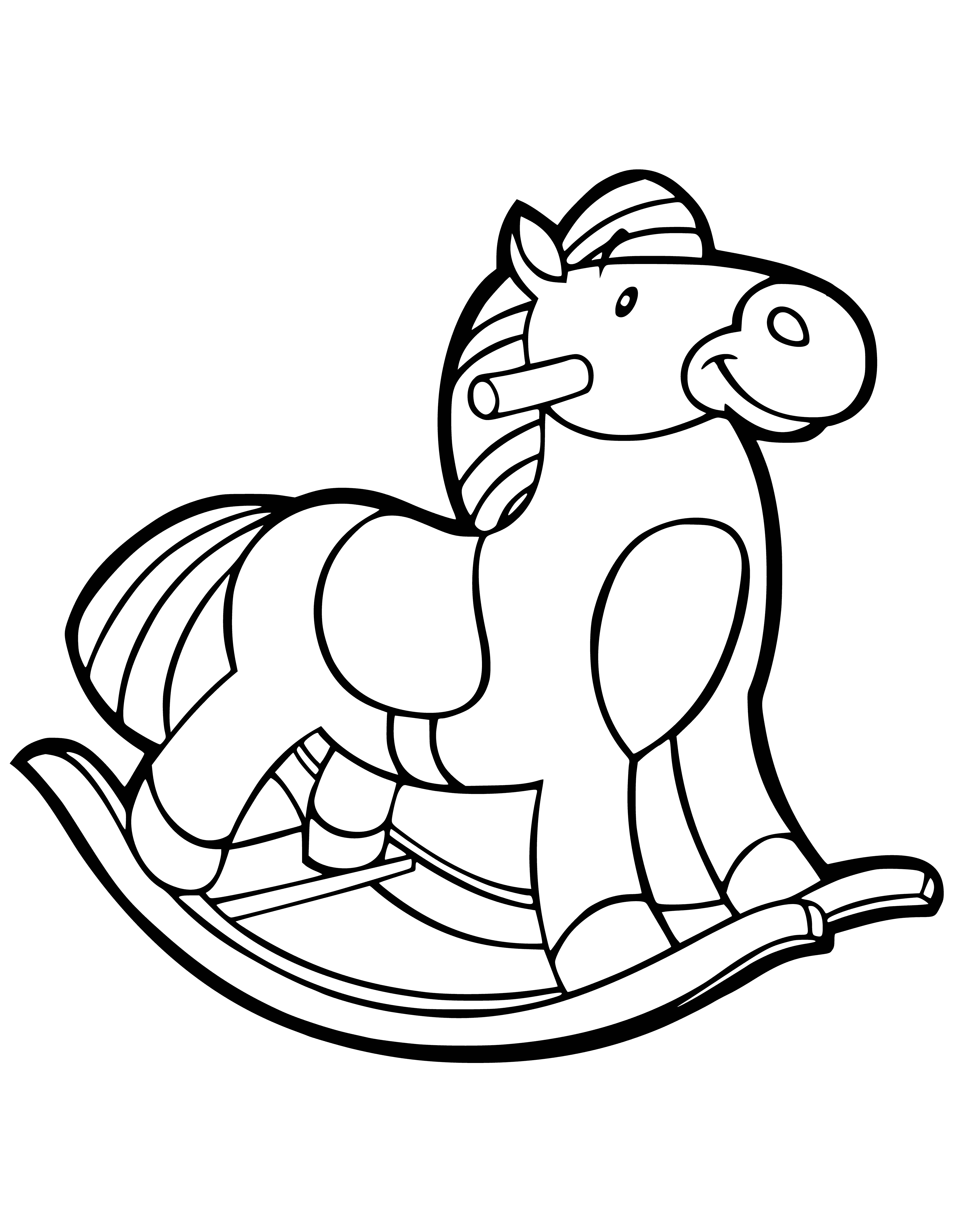 coloring page: Wooden rocking horse: brown leather saddle, reins, white mane/tail, body brown/white spots.