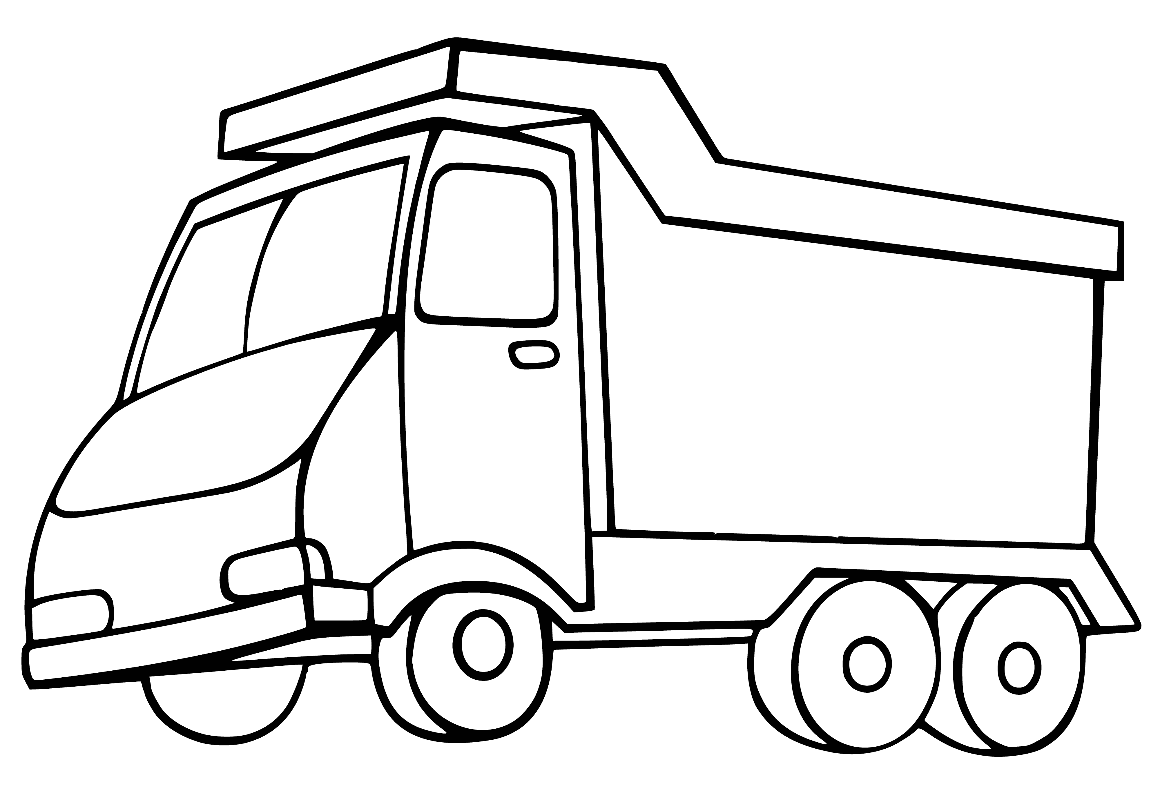 coloring page: A blue truck featuring a yellow bed & orange wheels that can tilt up & down. #Trucks