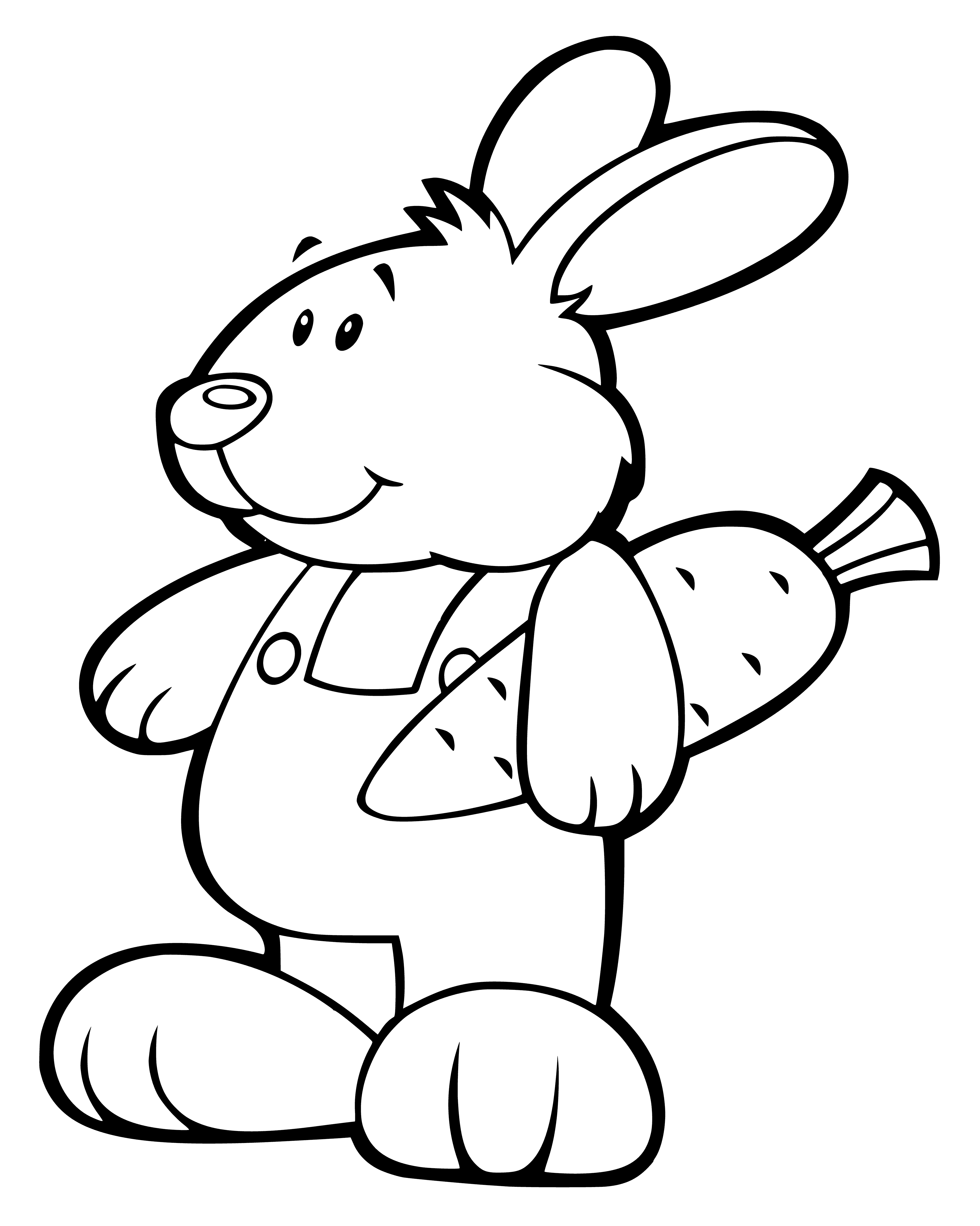 coloring page: A small brown rabbit looks up, paws raised, at an orange carrot hanging in the air.
