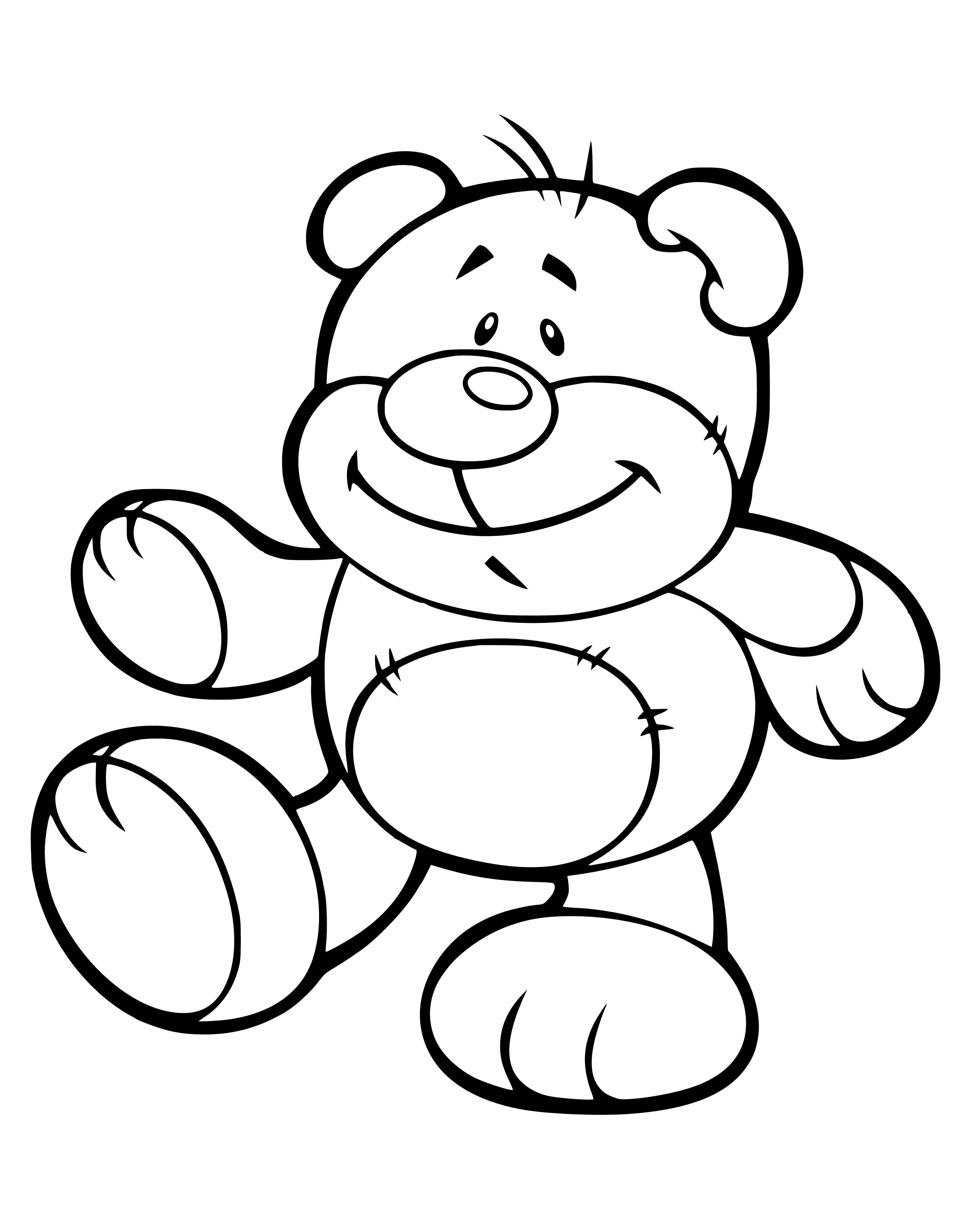 coloring page: Cute brown teddy bear with black nose & missing ear, sitting with tongue out & arms by side.
