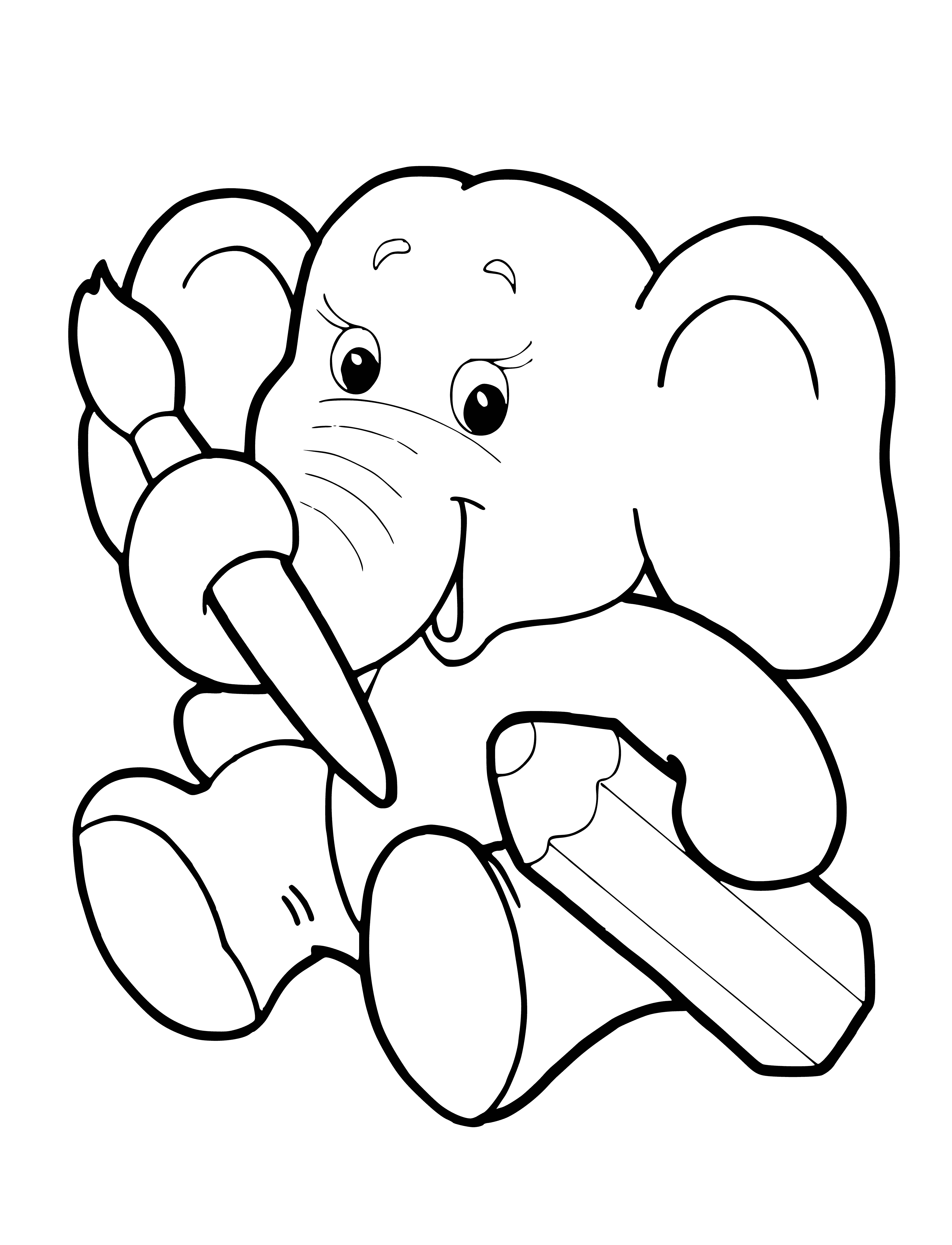 coloring page: A baby elephant stands on a river bank, grey with a trunk and big ears, small eyes, and legs. A hippopotamus is in the river.