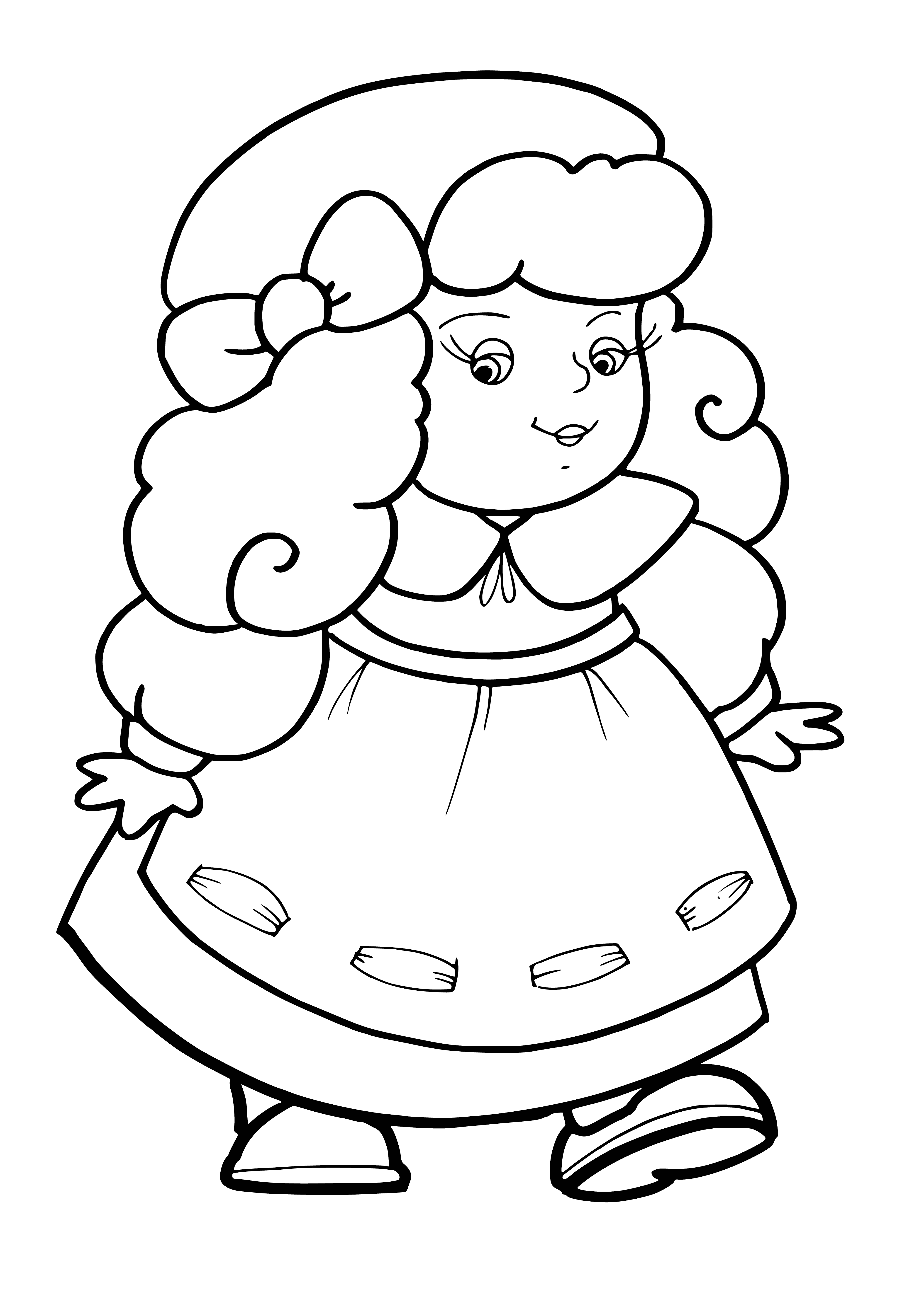 coloring page: A toy doll in a white dress with blue polka dots and a blue scarf holds a brown teddy bear. #doll #teddybear #coloringpage