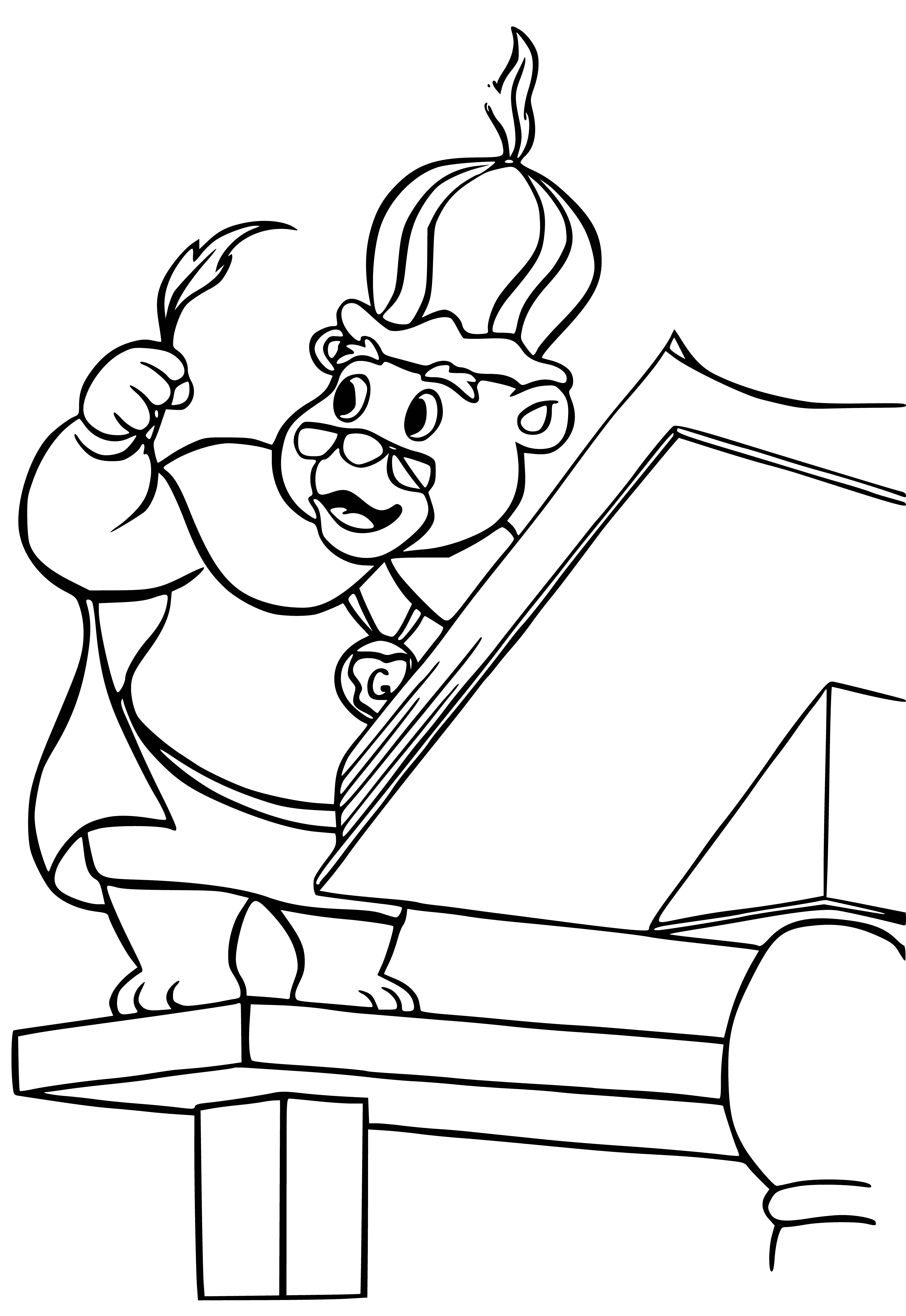 coloring page: Five gummy bears in a row of different colors (yellow, green, orange, red, and purple) are depicted on a white plate.