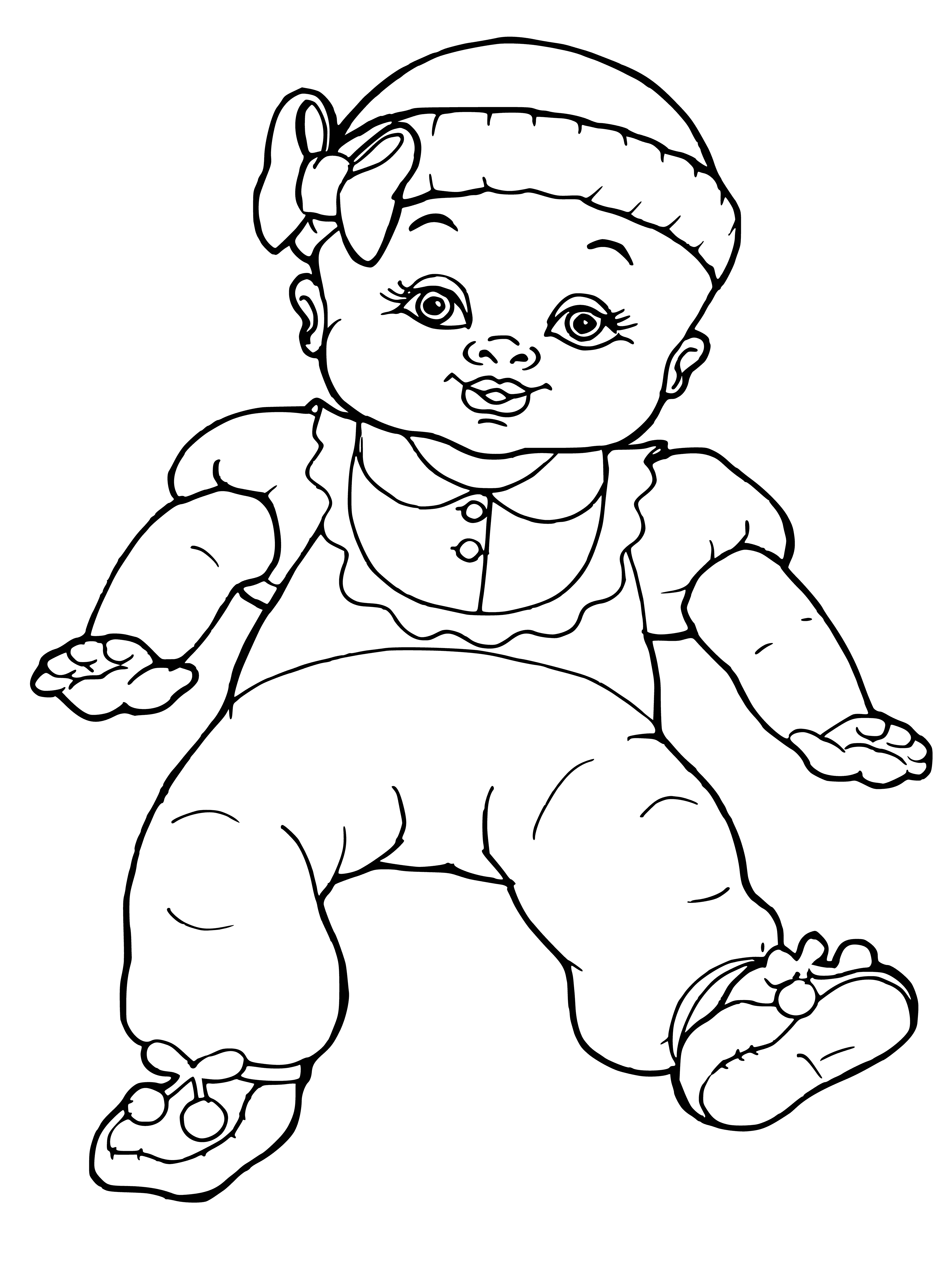 coloring page: Baby grasps neck of giraffe toy, lying on pink blanket, looking up adorably.